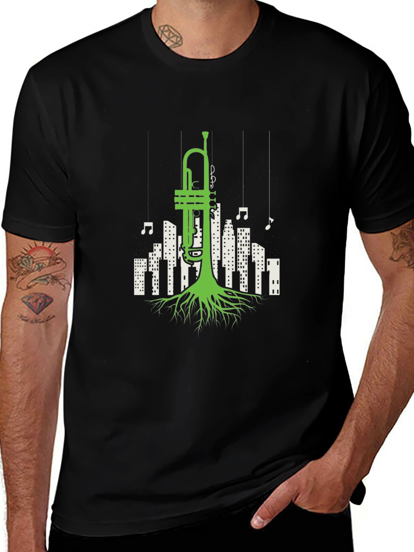Black Jazz Roots T-Shirt - Trumpet Cityscape Design main image