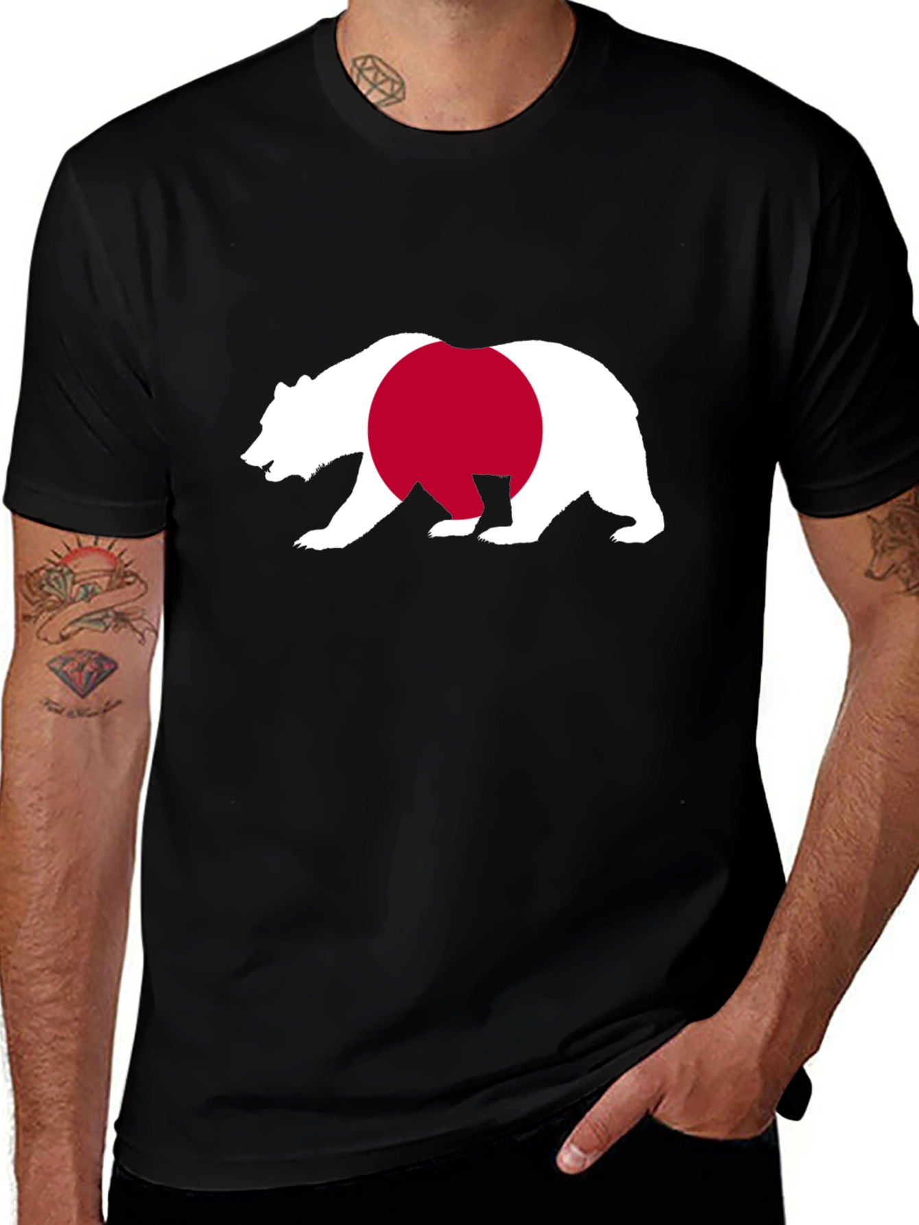 Variant 28 of Bear Japan Flag Graphic Tee - Black Cotton Shirt