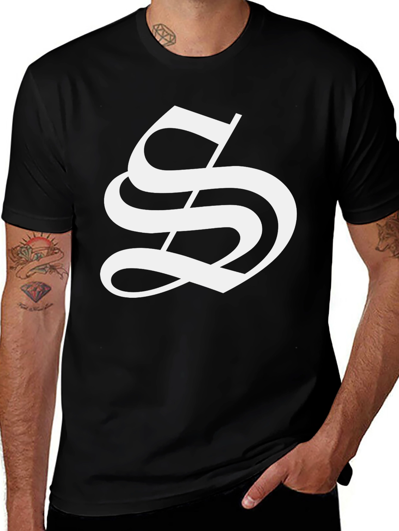 Variant 24 of Bold Black Tee with White Letter S Design