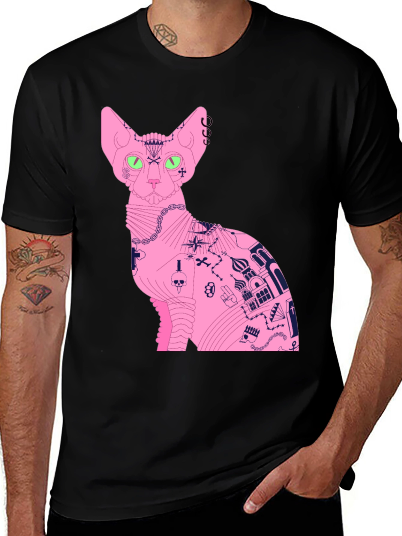 Tattooed Cat Graphic Tee - Unisex Black T-Shirt