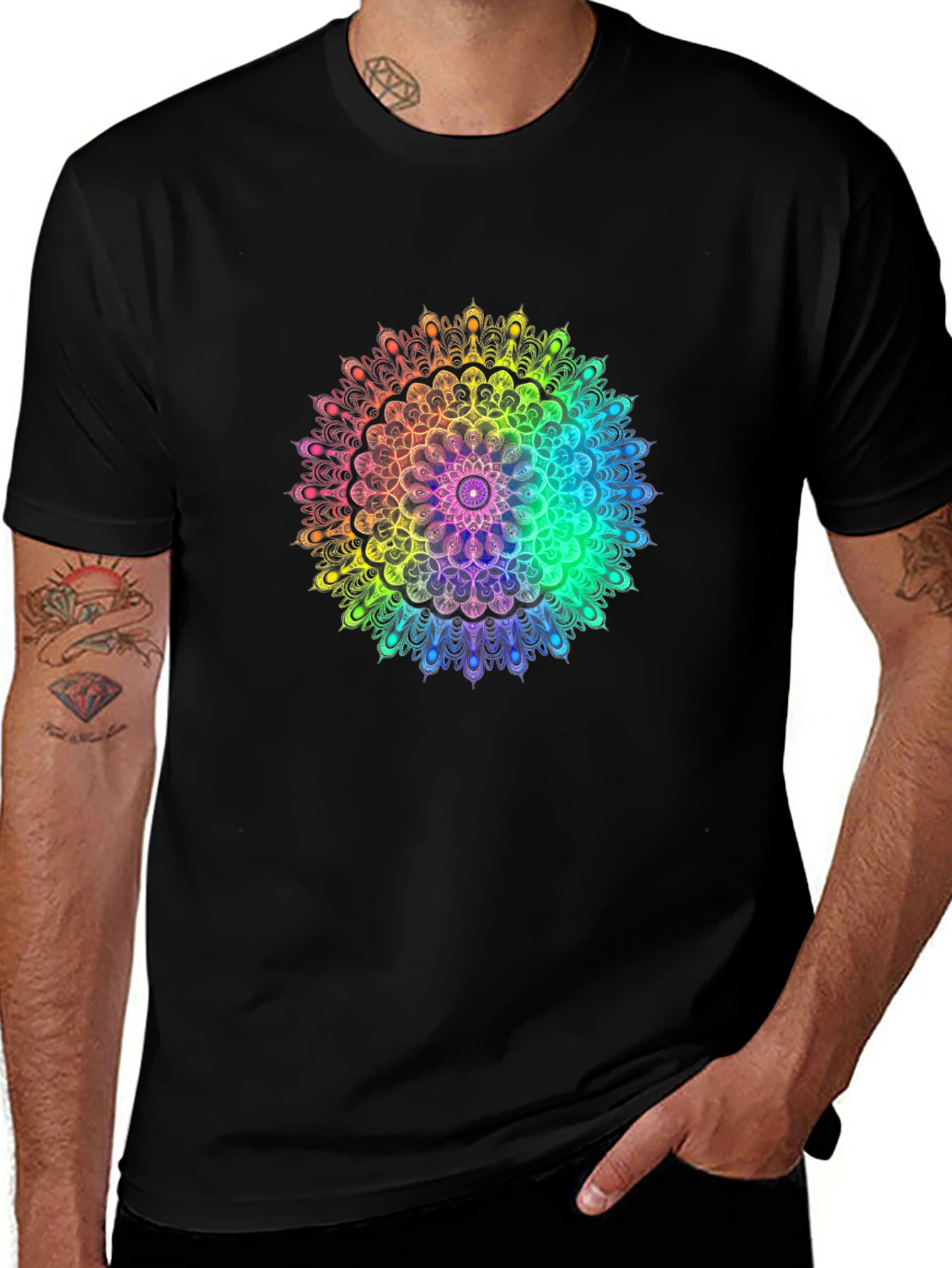 Variant 23 of Rainbow Mandala Graphic Black T-Shirt