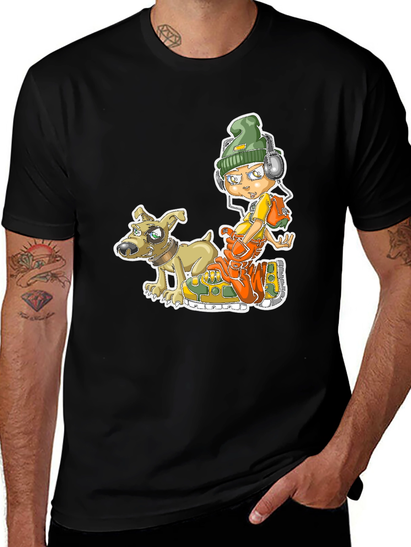 Variant 30 of Cartoon Boy & Dog Graphic Black Tee