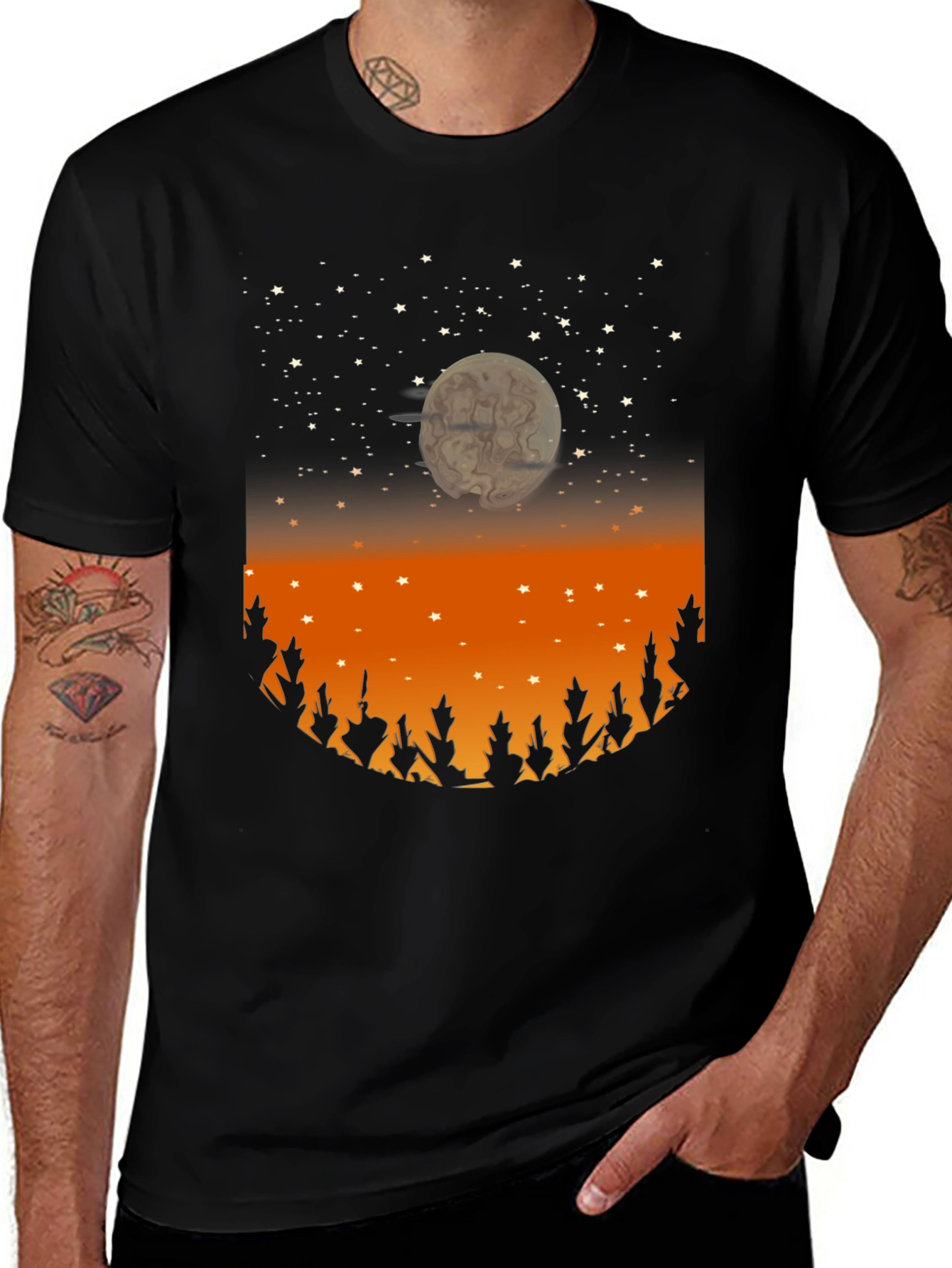 Night Sky Tree Silhouette Graphic Tee
