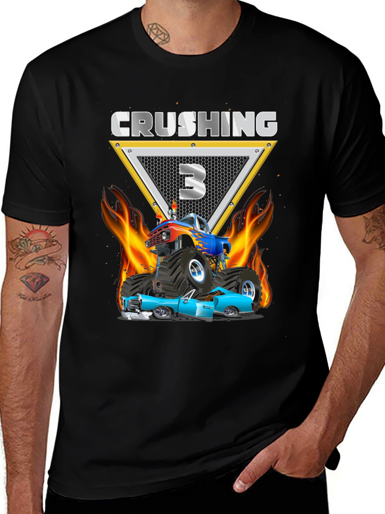 Black Crushing Three Monster Truck Birthday T-Shirt main image