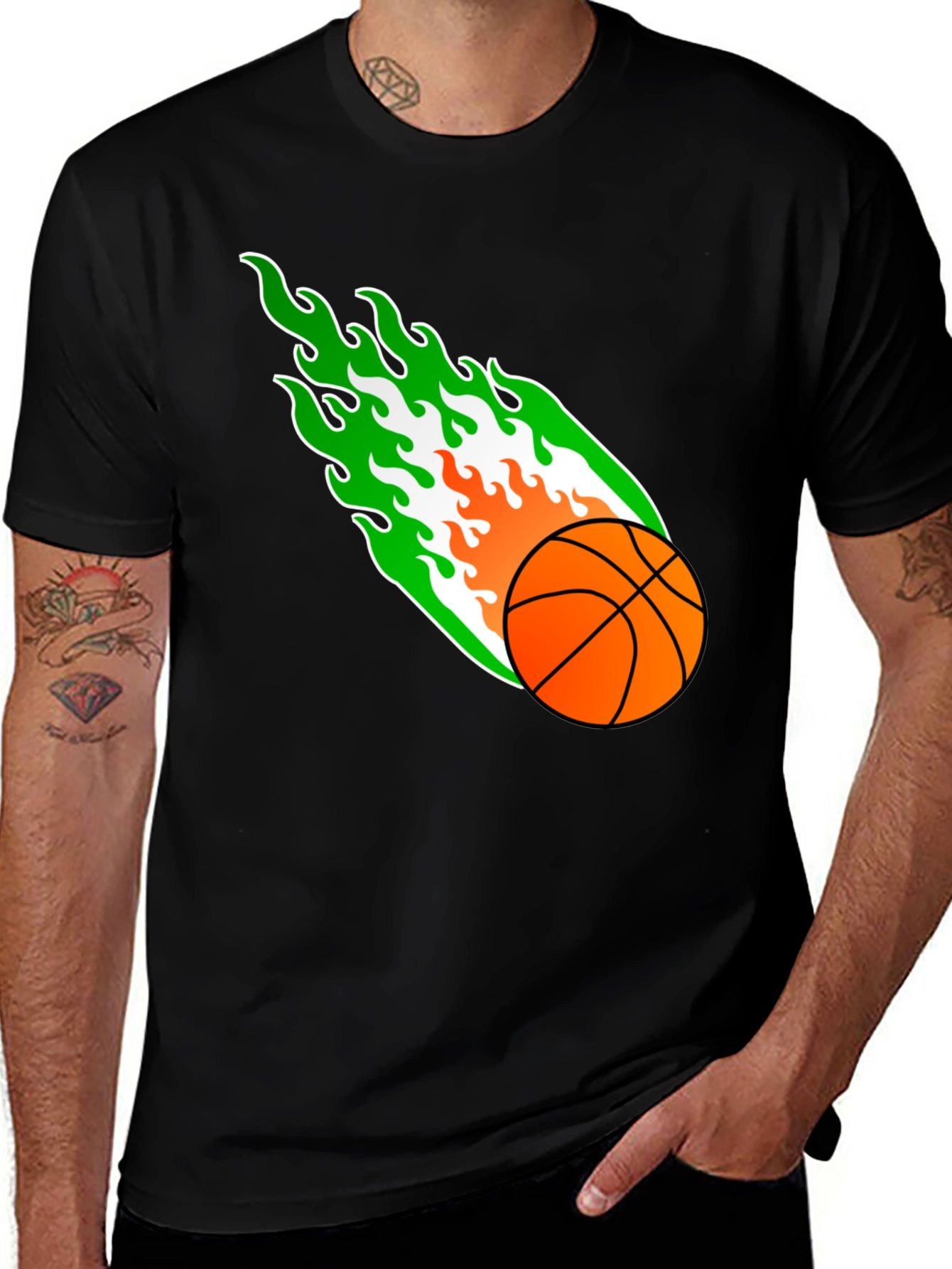 Variant 7 of Flaming Basketball Graphic Tee - Black Cotton Shirt