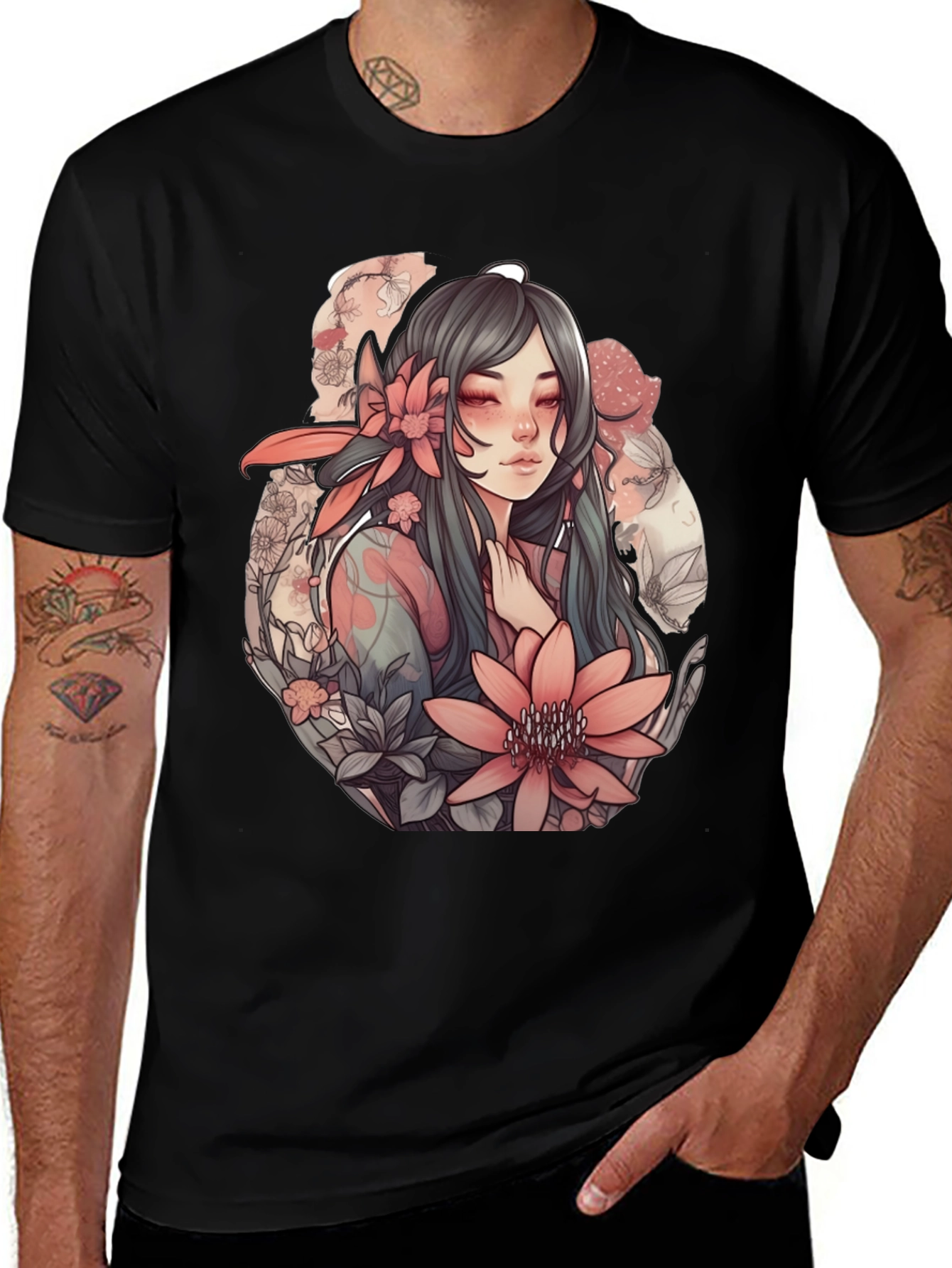 Variant 12 of Floral Girl Graphic Black T-Shirt