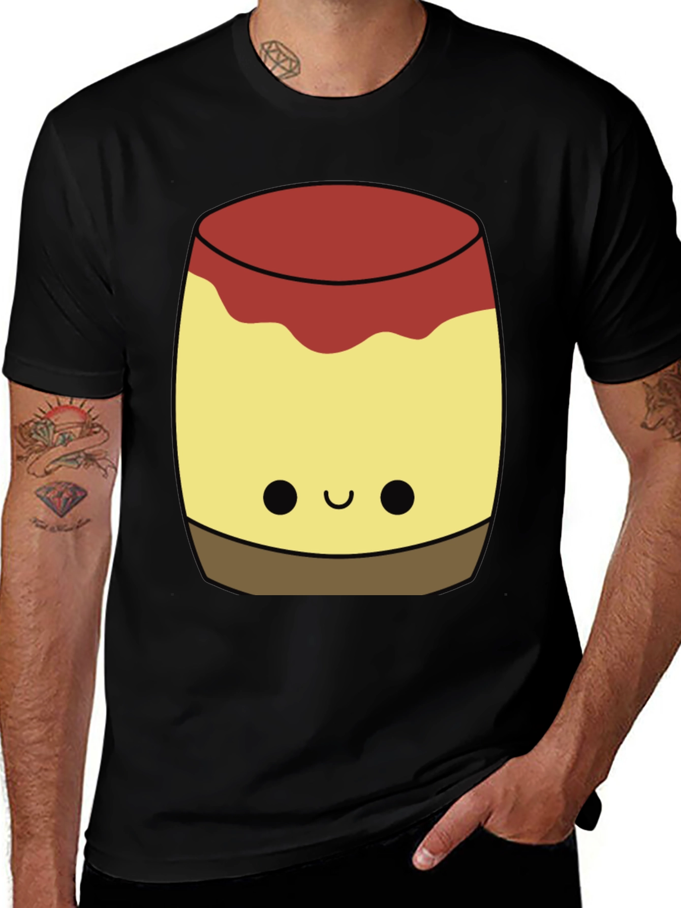 Variant 23 of Cute Flan Dessert Cartoon Graphic Tee - Casual Black T-Shirt