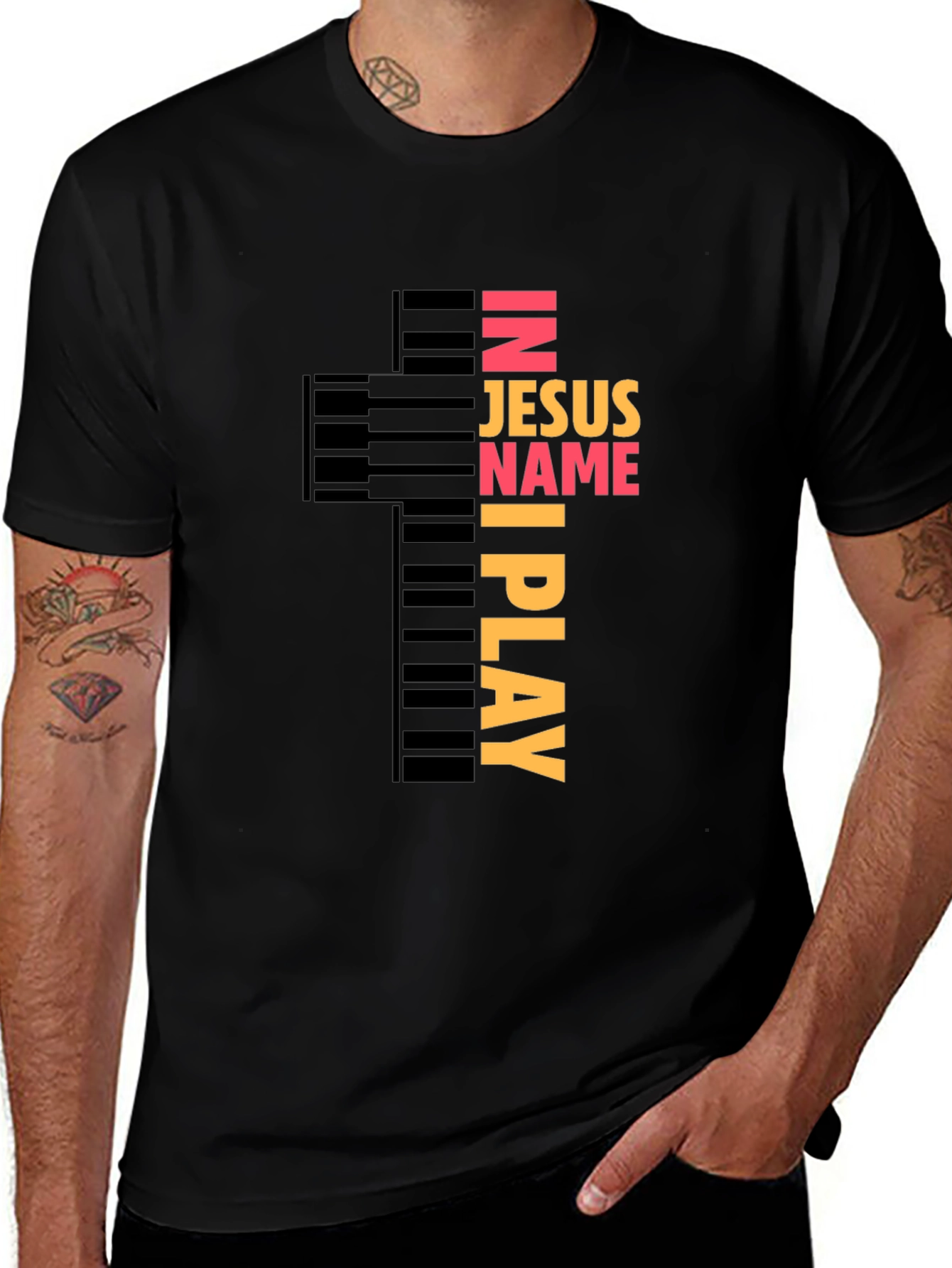 Variant 27 of In Jesus Name I Play Piano Cross Graphic Tee