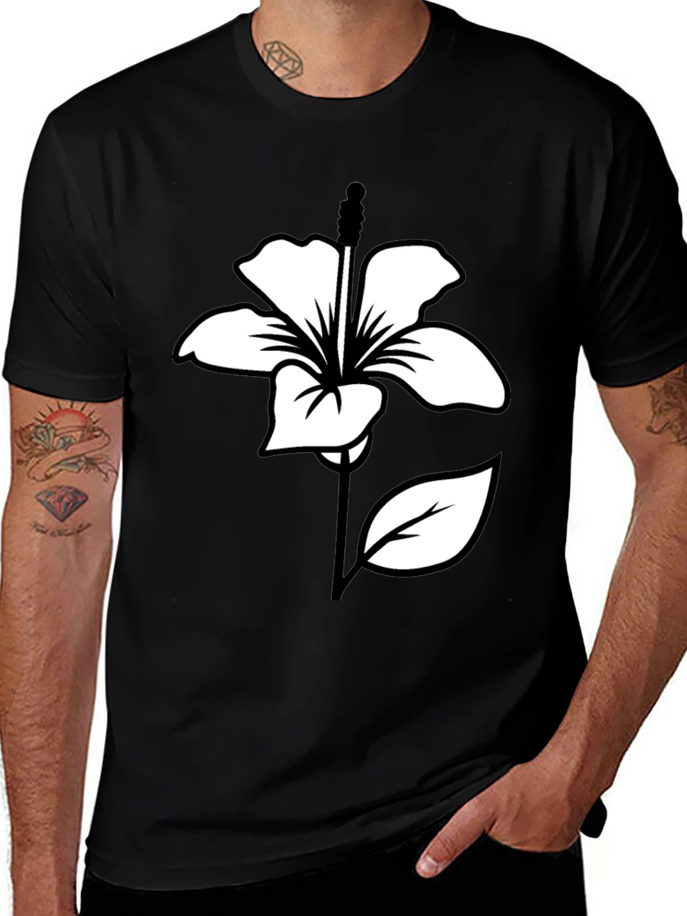 Variant 3 of Black T-Shirt with White Hibiscus Flower Graphic