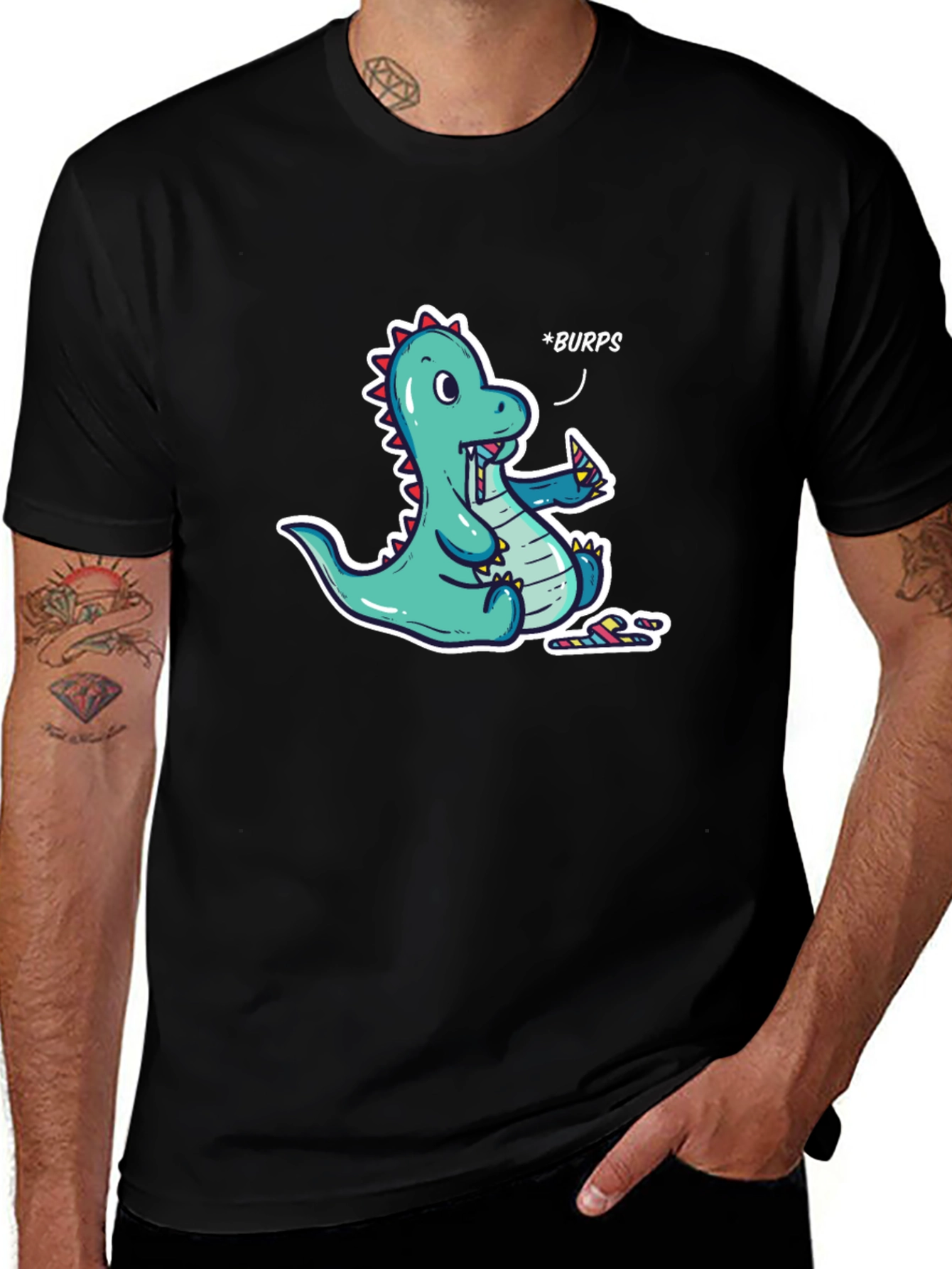 Variant 29 of Funny Dinosaur *Burps* Graphic T-Shirt - Black Cotton Tee