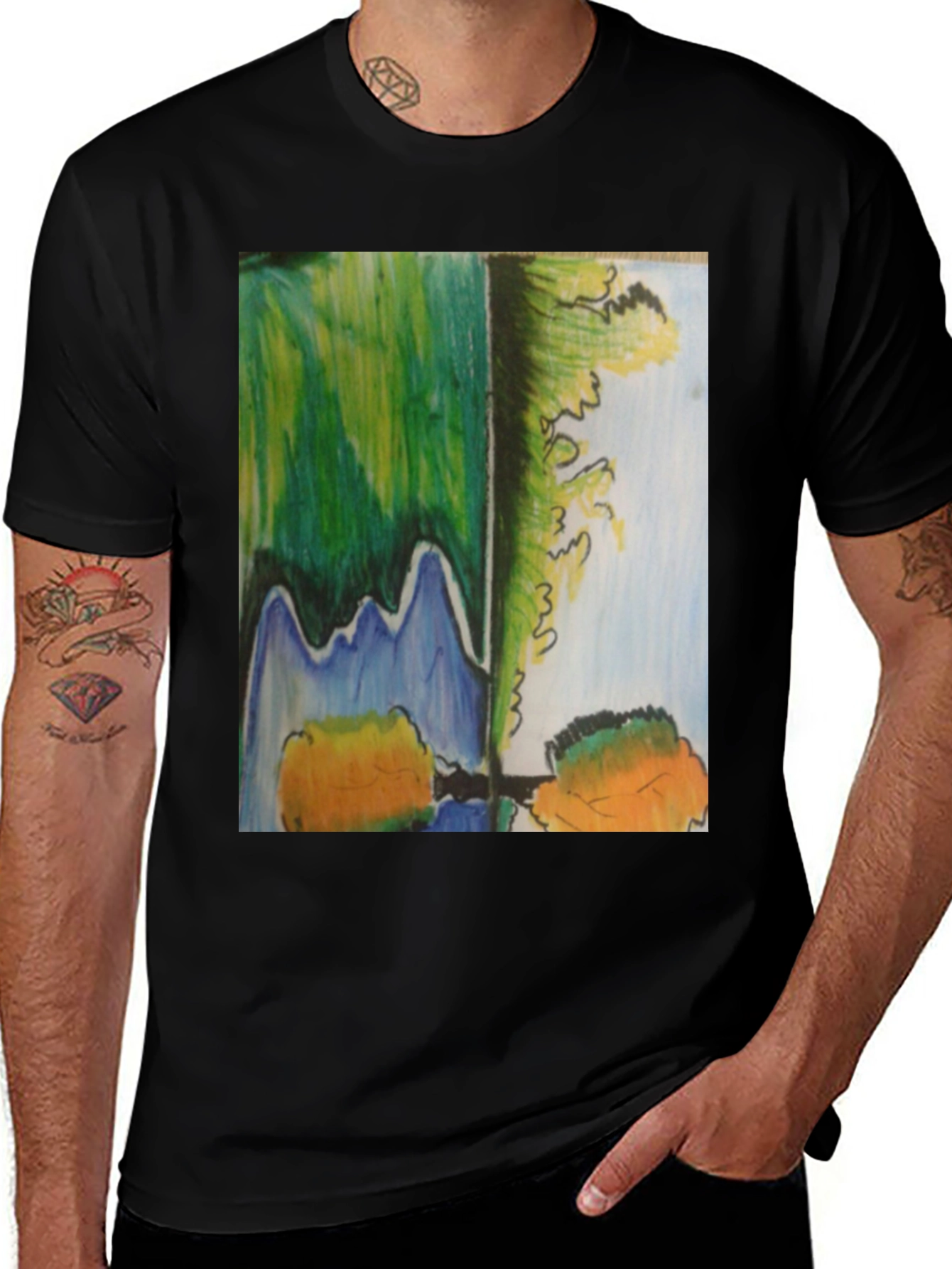 Variant 13 of Abstract Landscape Graphic Tee - Men's Black Cotton Blend