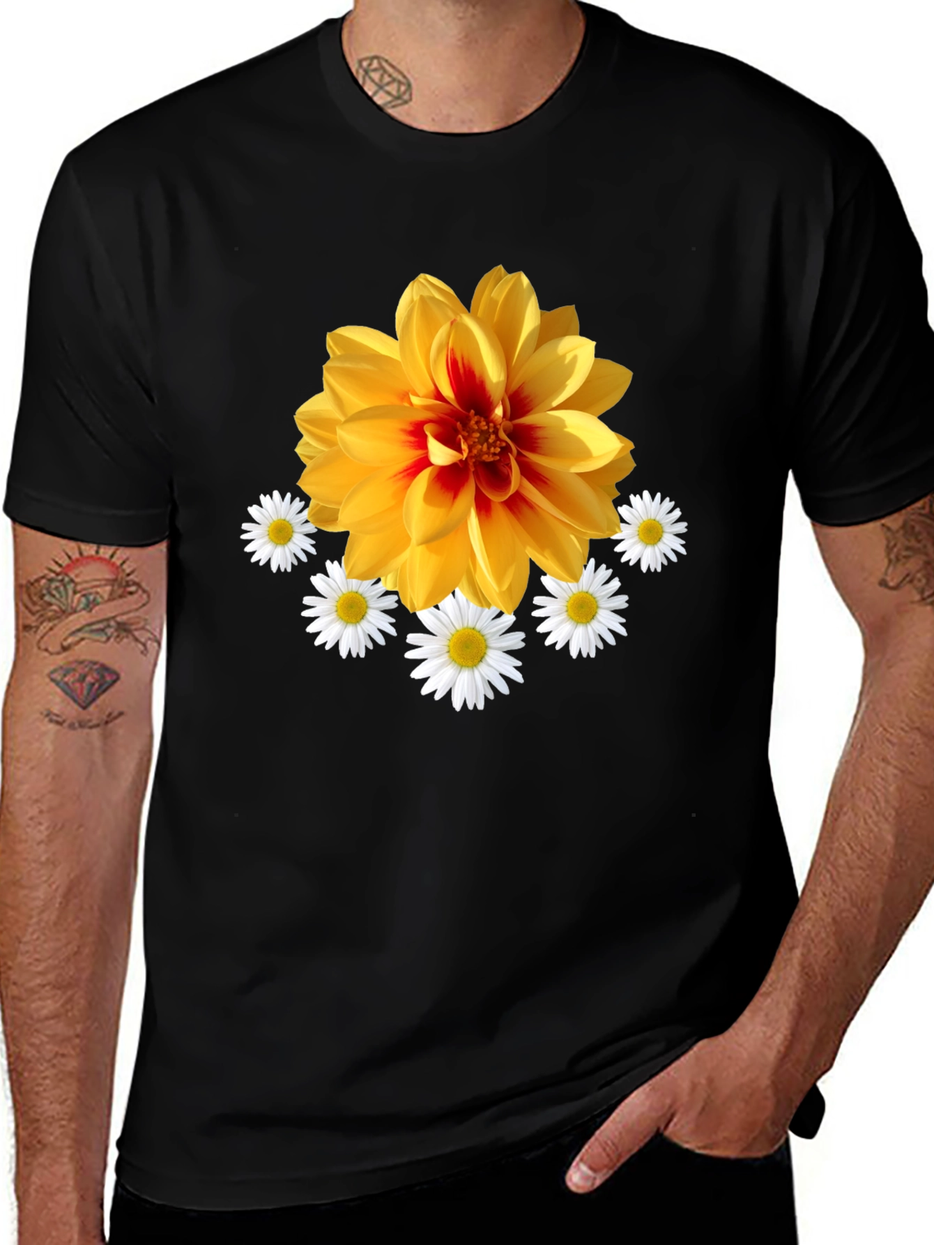 Variant 2 of Floral Graphic T-Shirt: Yellow Dahlia & Daisies, Black Tee
