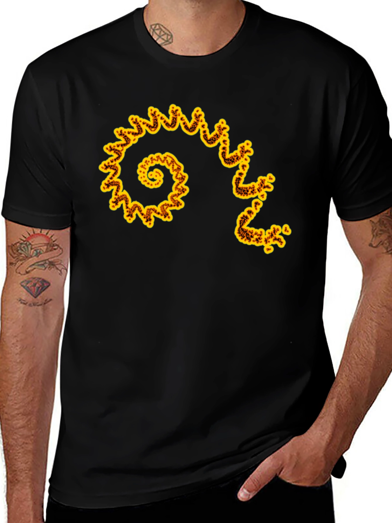 Black T-Shirt with Abstract Fractal Swirl Design