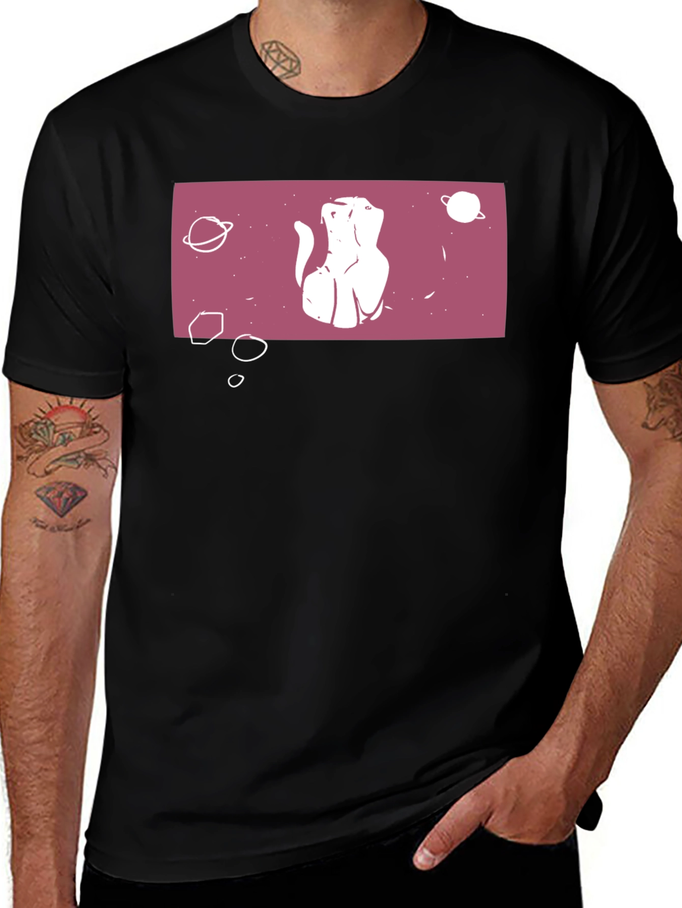 Variant 28 of Cosmic Cat Graphic Tee - Black Cotton T-Shirt