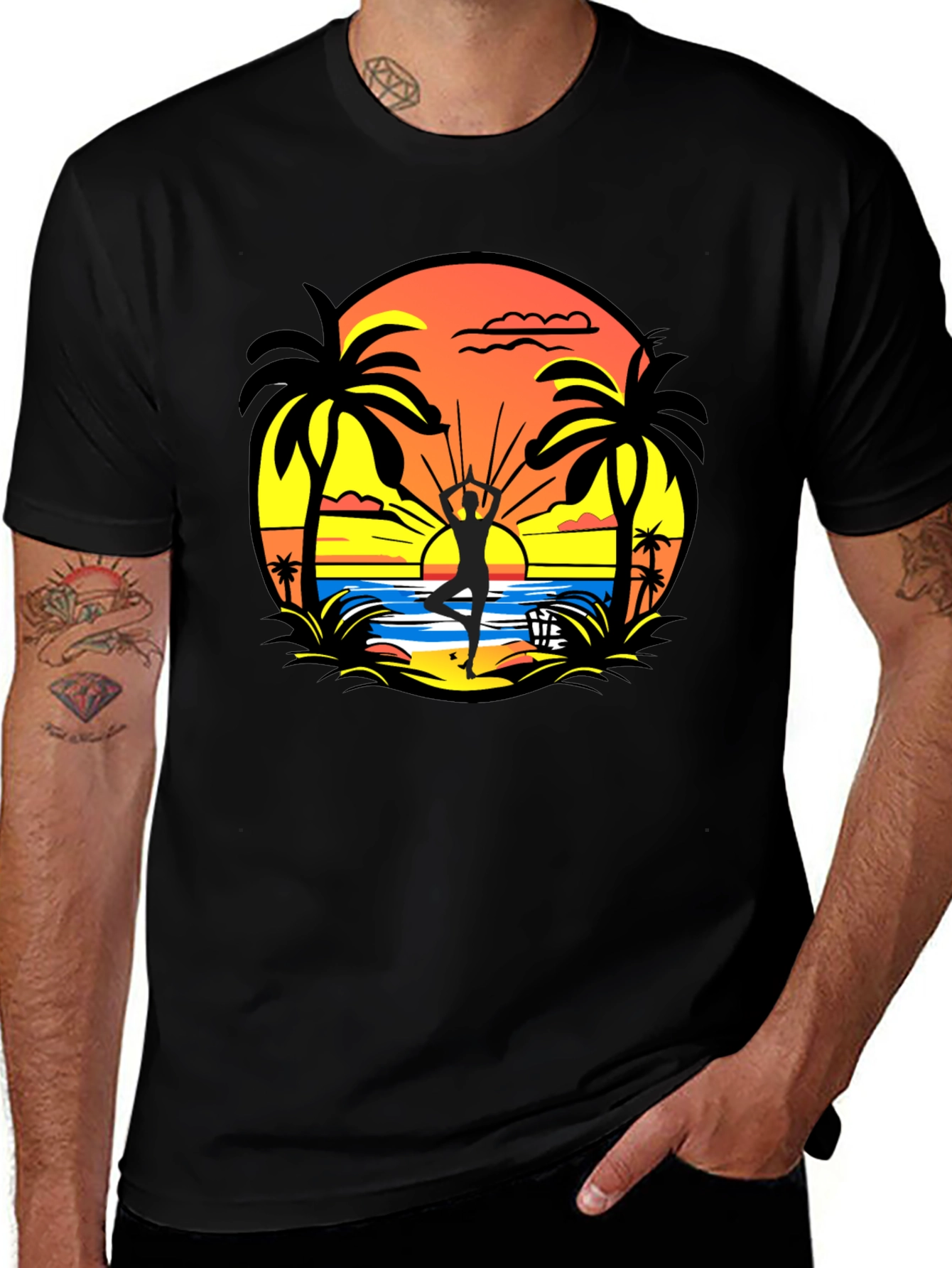 Sunset Beach Yoga Black T-Shirt