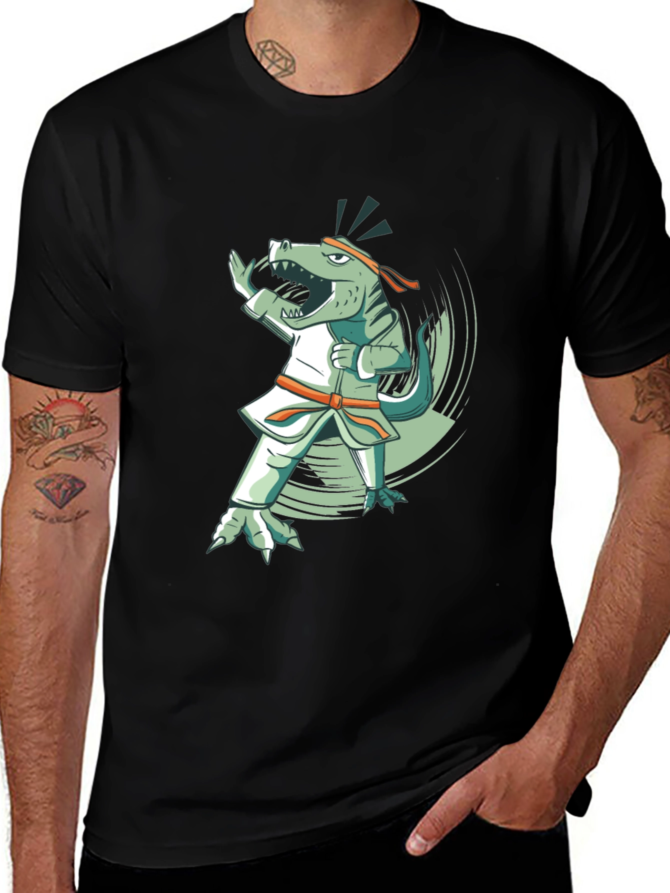 Black Martial Arts Dinosaur Black T-Shirt main image