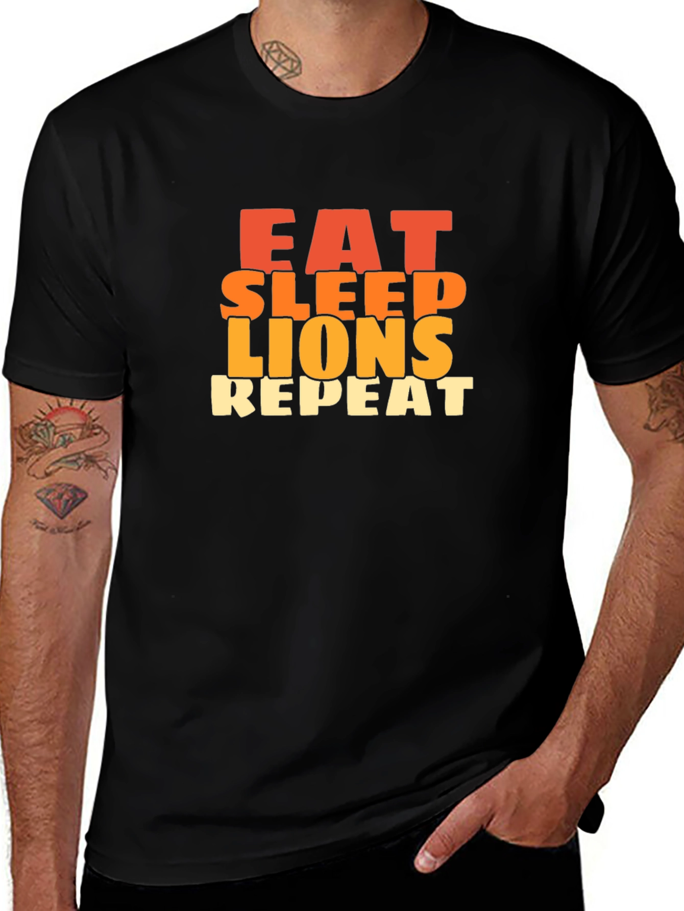 Variant 13 of Eat Sleep Lions Repeat Graphic Tee - Black Cotton T-Shirt