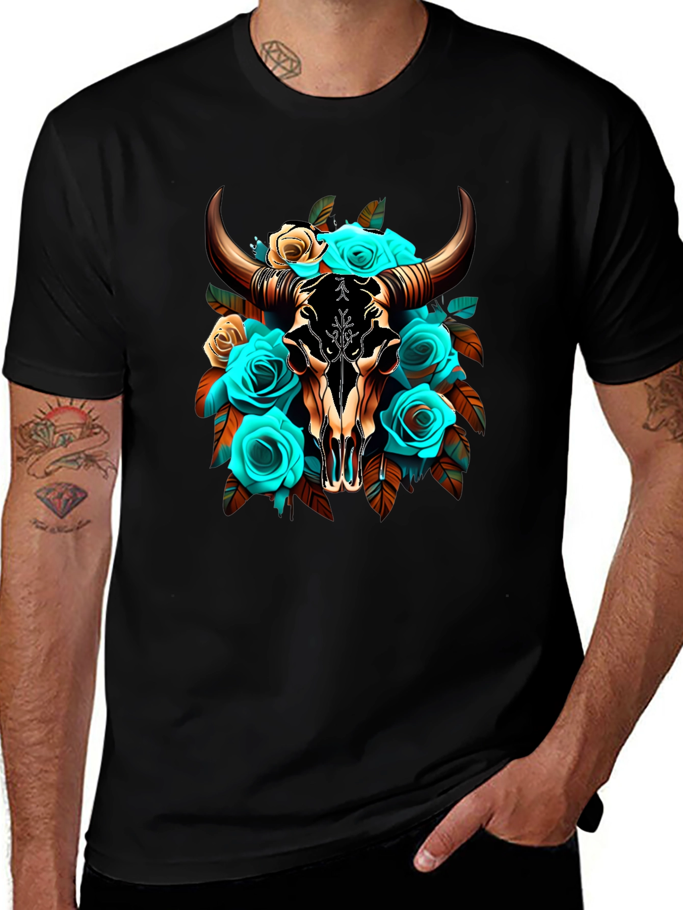 Variant 17 of Floral Bull Skull Graphic T-Shirt