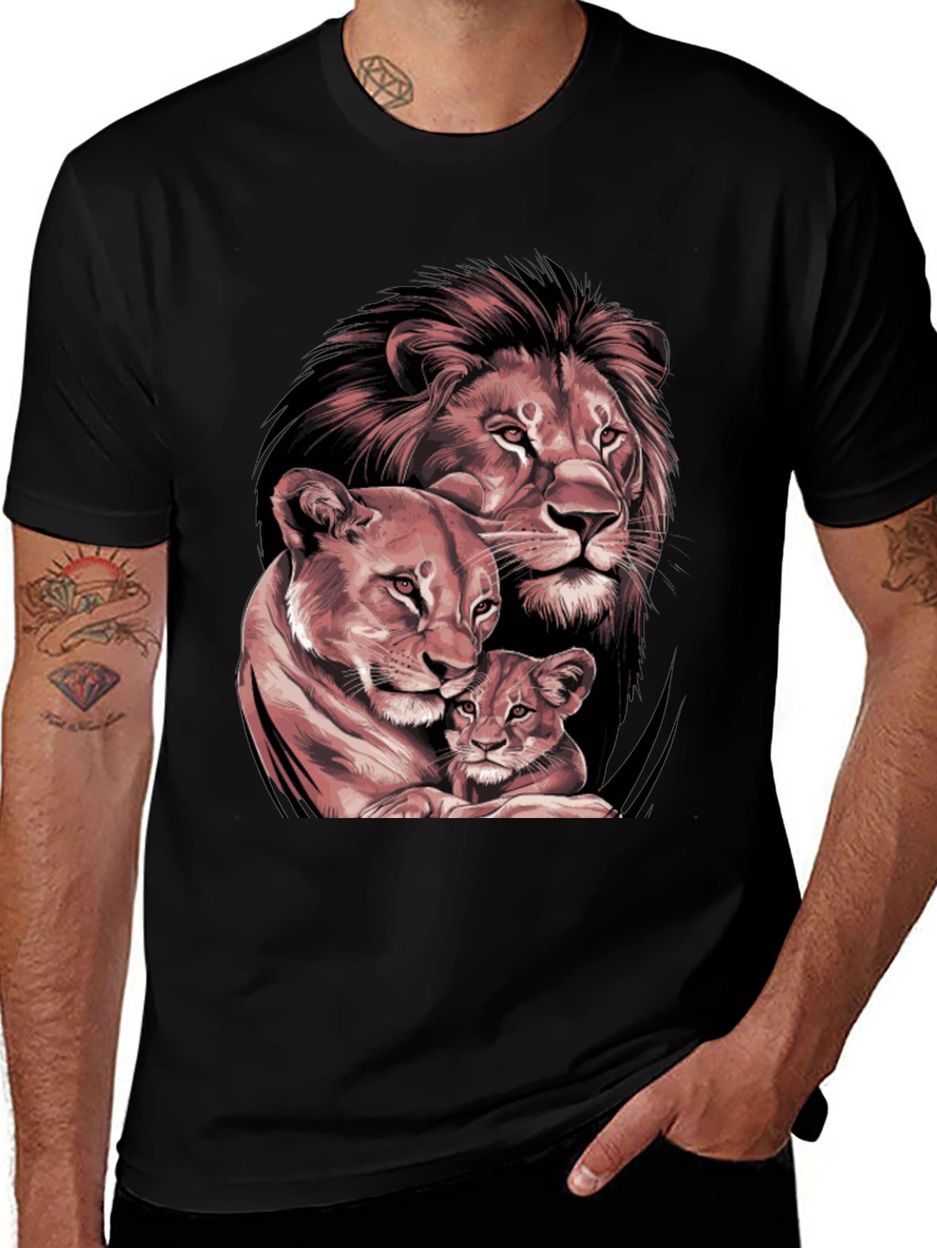 Variant 11 of Lion Family Graphic Tee - Black Crew Neck T-Shirt