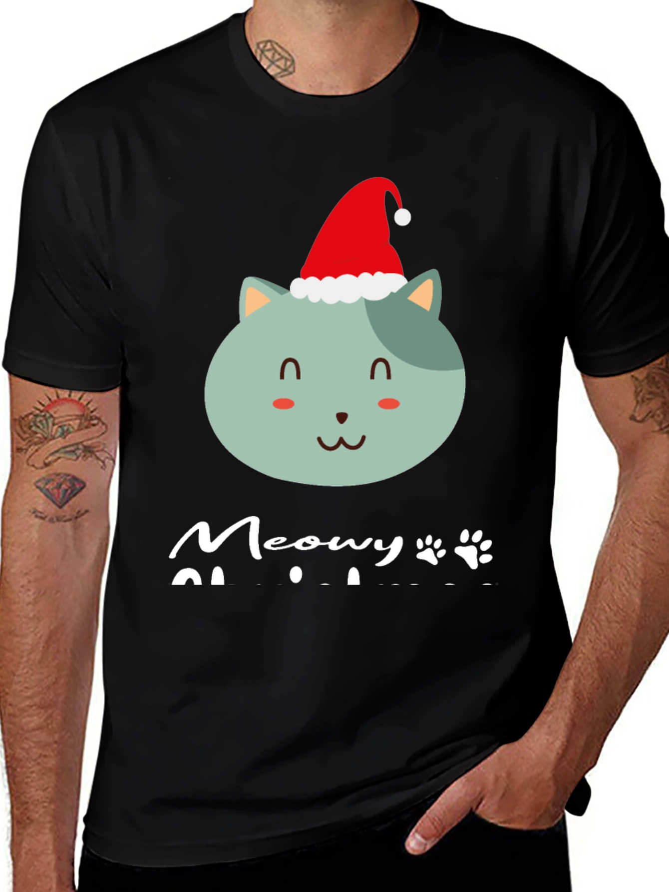 Meowy Christmas T-Shirt - Cute Cat in Santa Hat