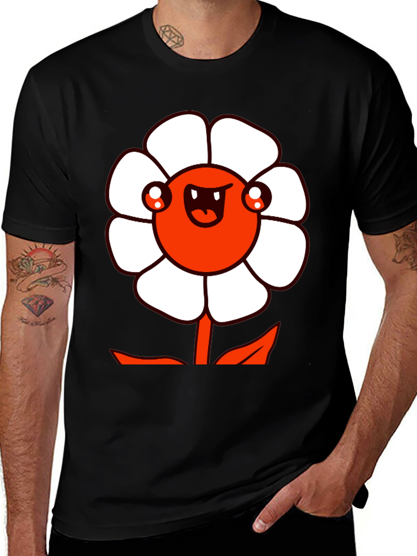 Variant 16 of Men's Black Graphic Tee - Cartoon Flower Design