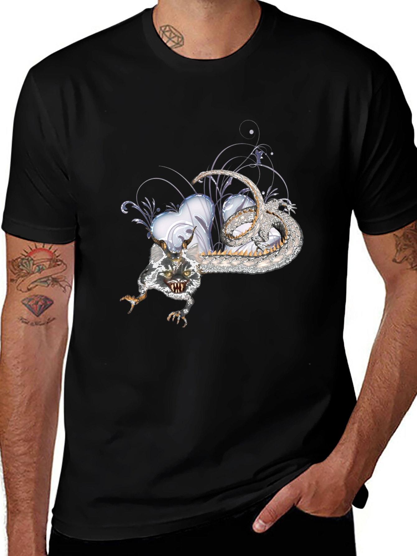 Variant 24 of Men's Black Graphic Tee - Dragon & Heart Design