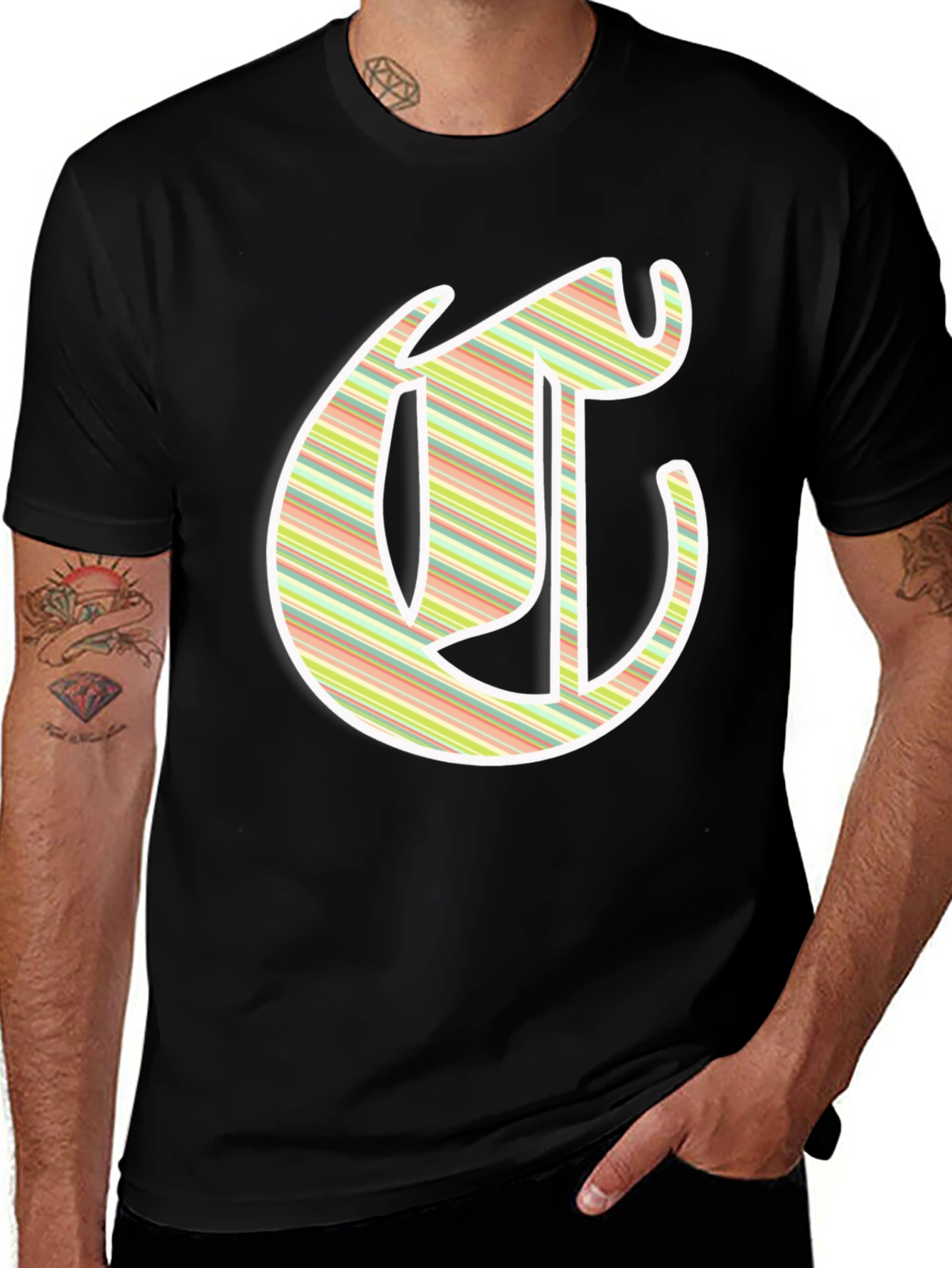 Variant 9 of Striped Initial T-Shirt - Casual Black Tee
