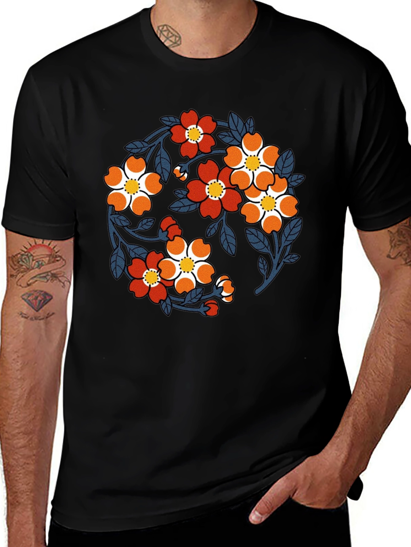 Variant 2 of Floral Print Black Crew Neck T-Shirt