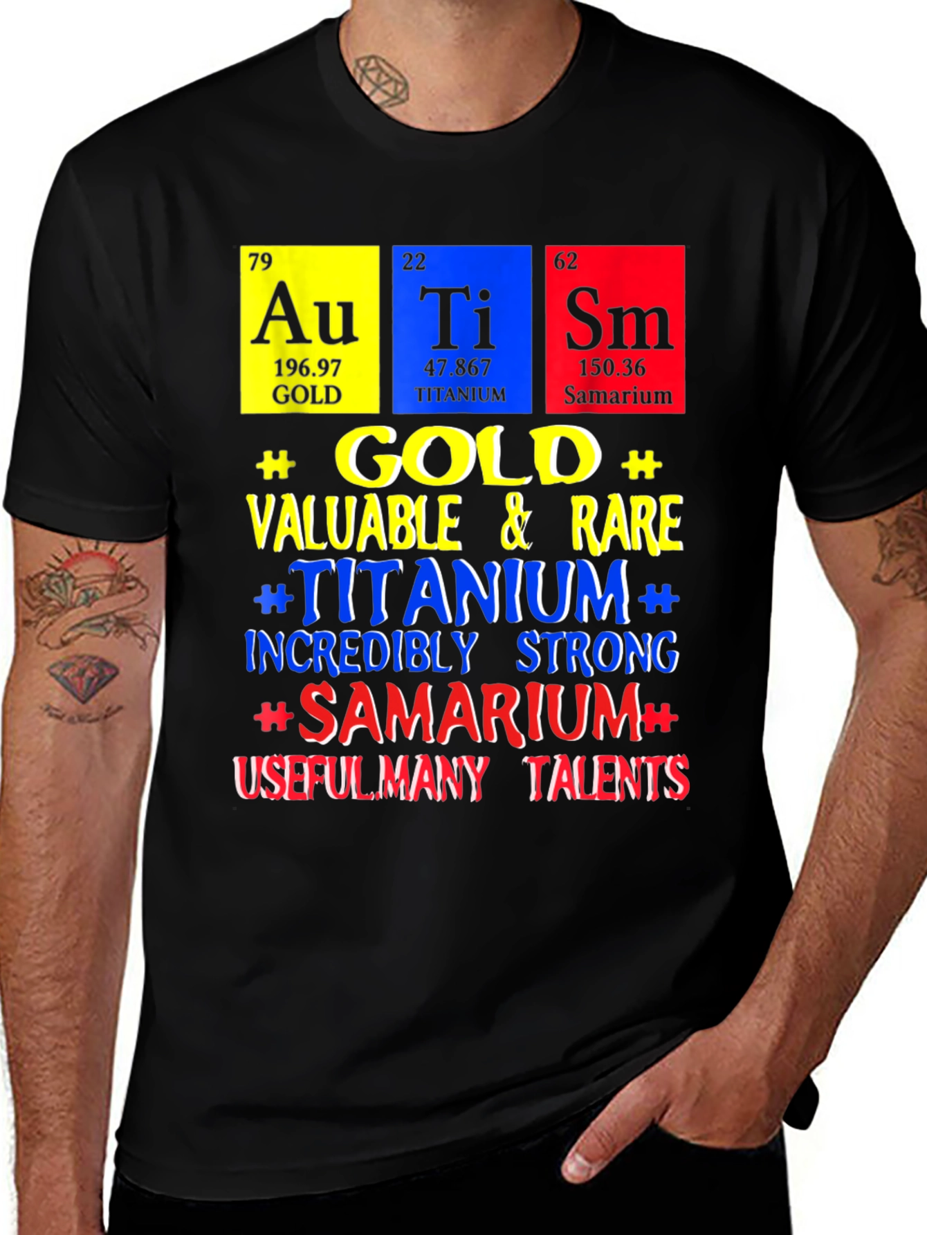 Periodic Table Elements T-Shirt: Gold, Titanium, Samarium