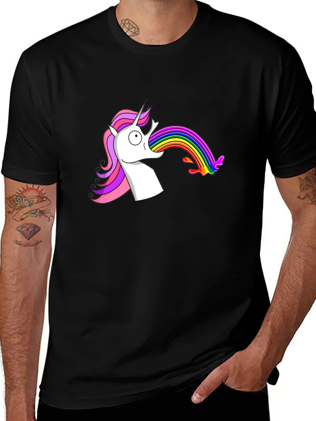 Black Unicorn Vomiting Rainbow Funny Graphic Tee main image