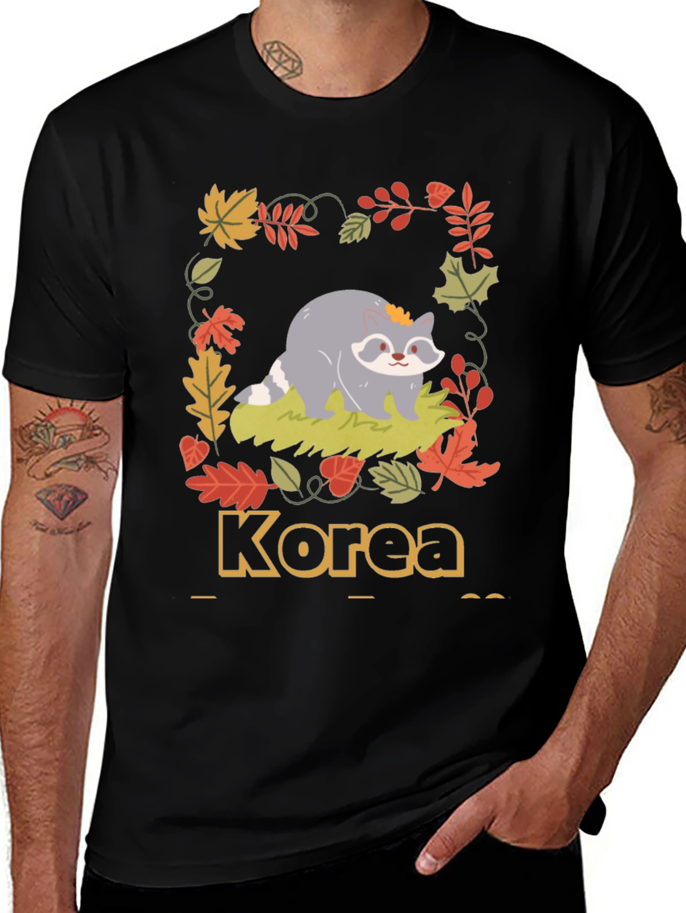 Korea Raccoon Fall Leaves T-Shirt