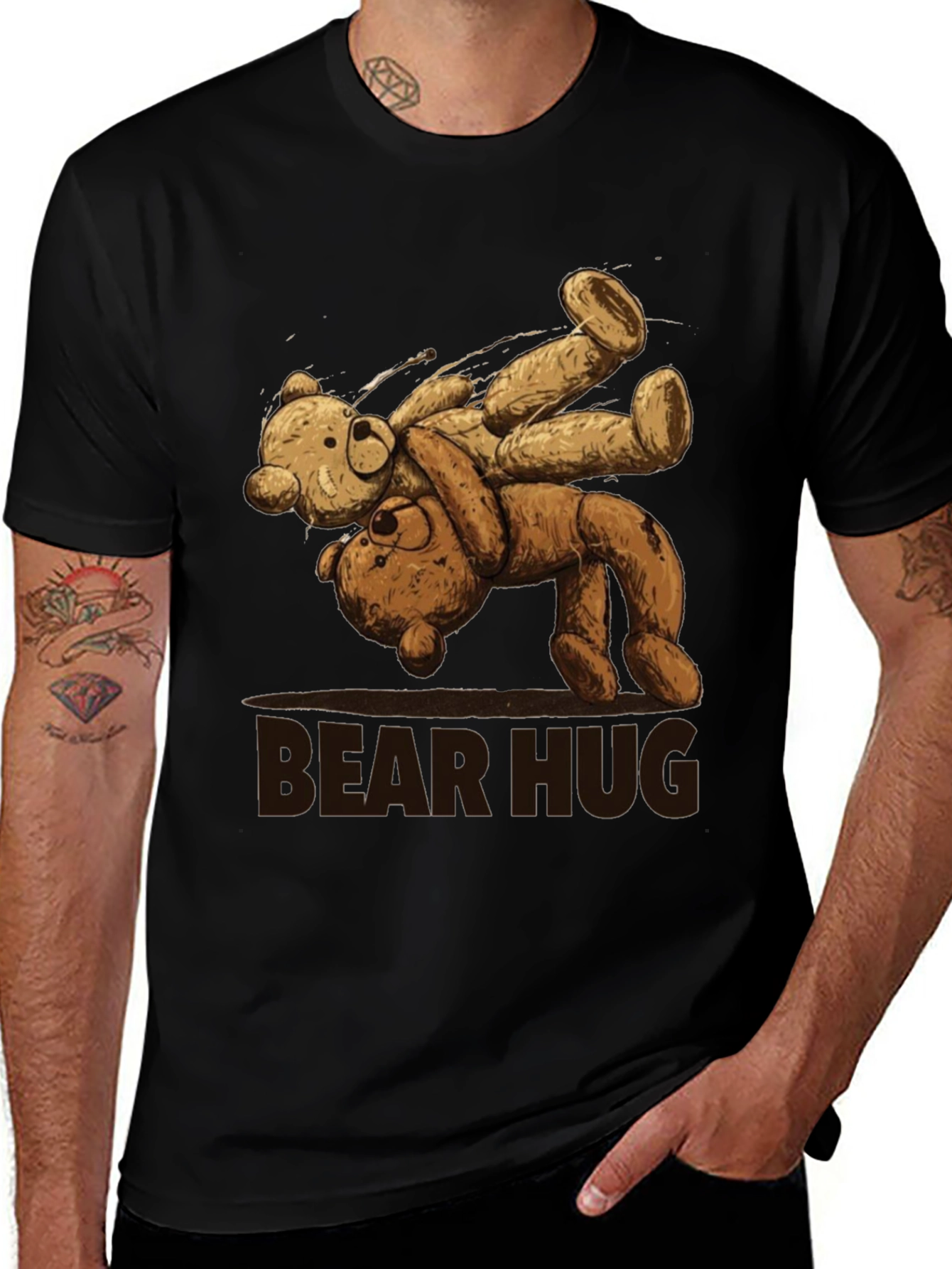Bear Hug Graphic Print Black T-Shirt