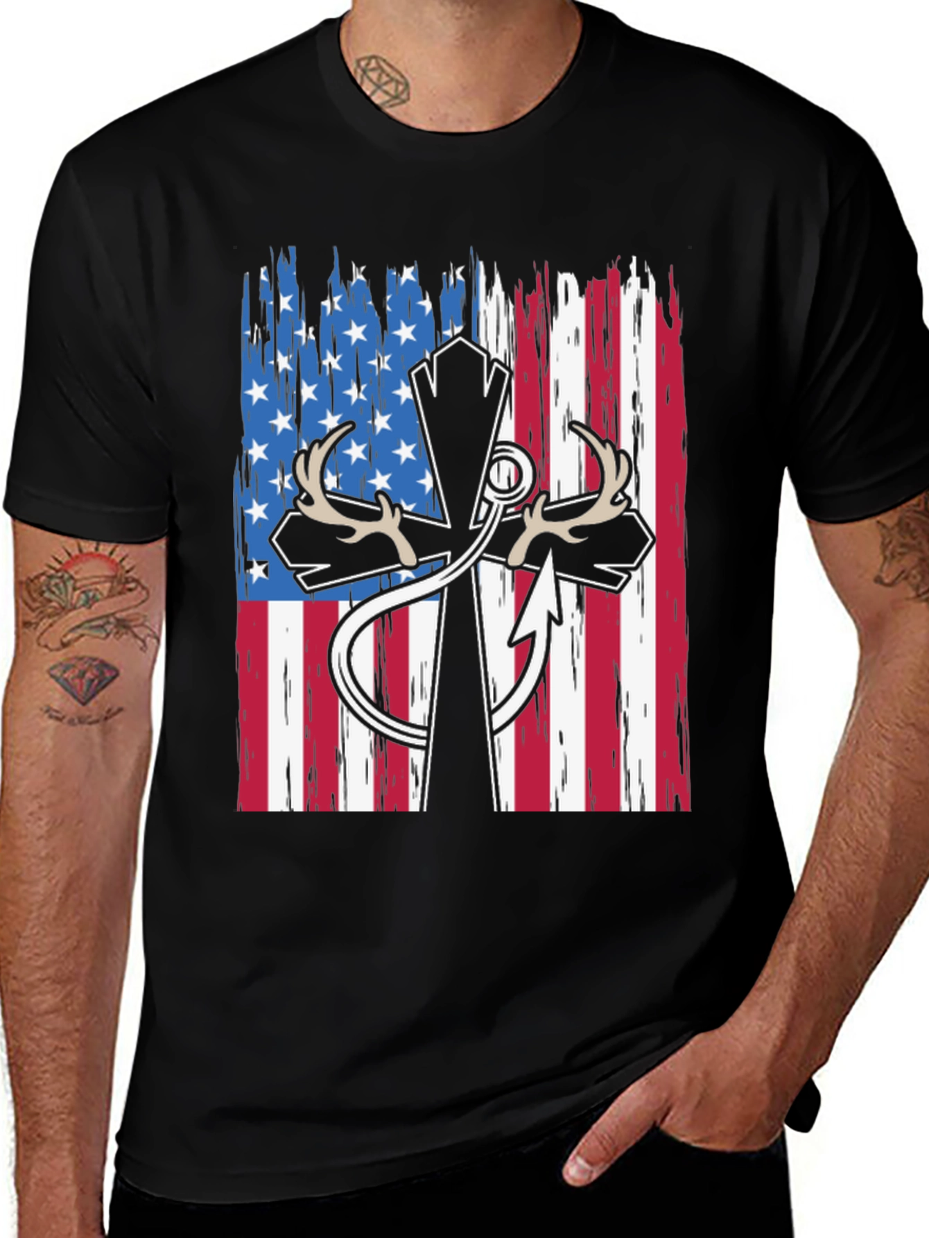 Variant 24 of Patriotic Hunting T-Shirt with Cross and Antlers