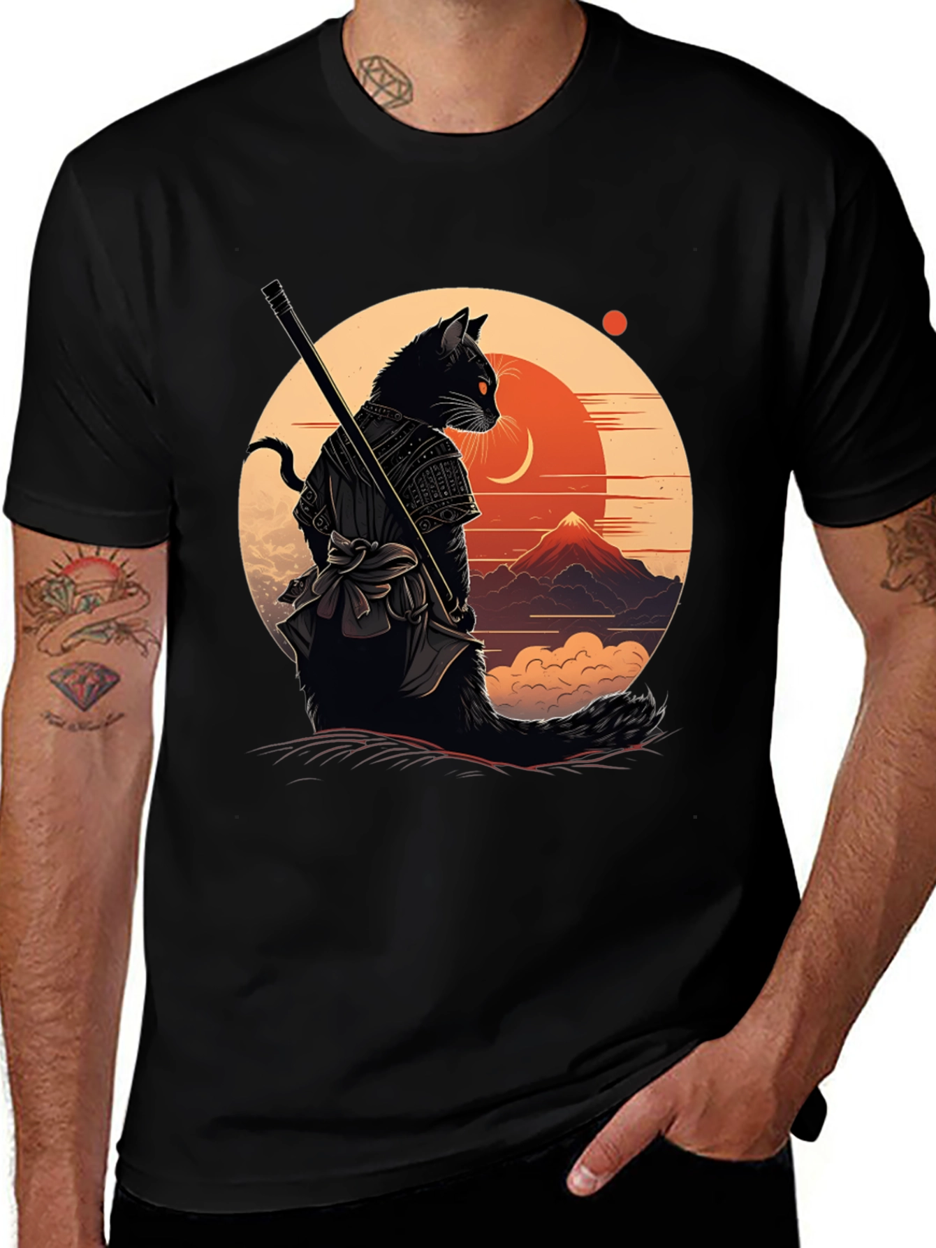 Variant 23 of Samurai Cat Graphic Tee - Black