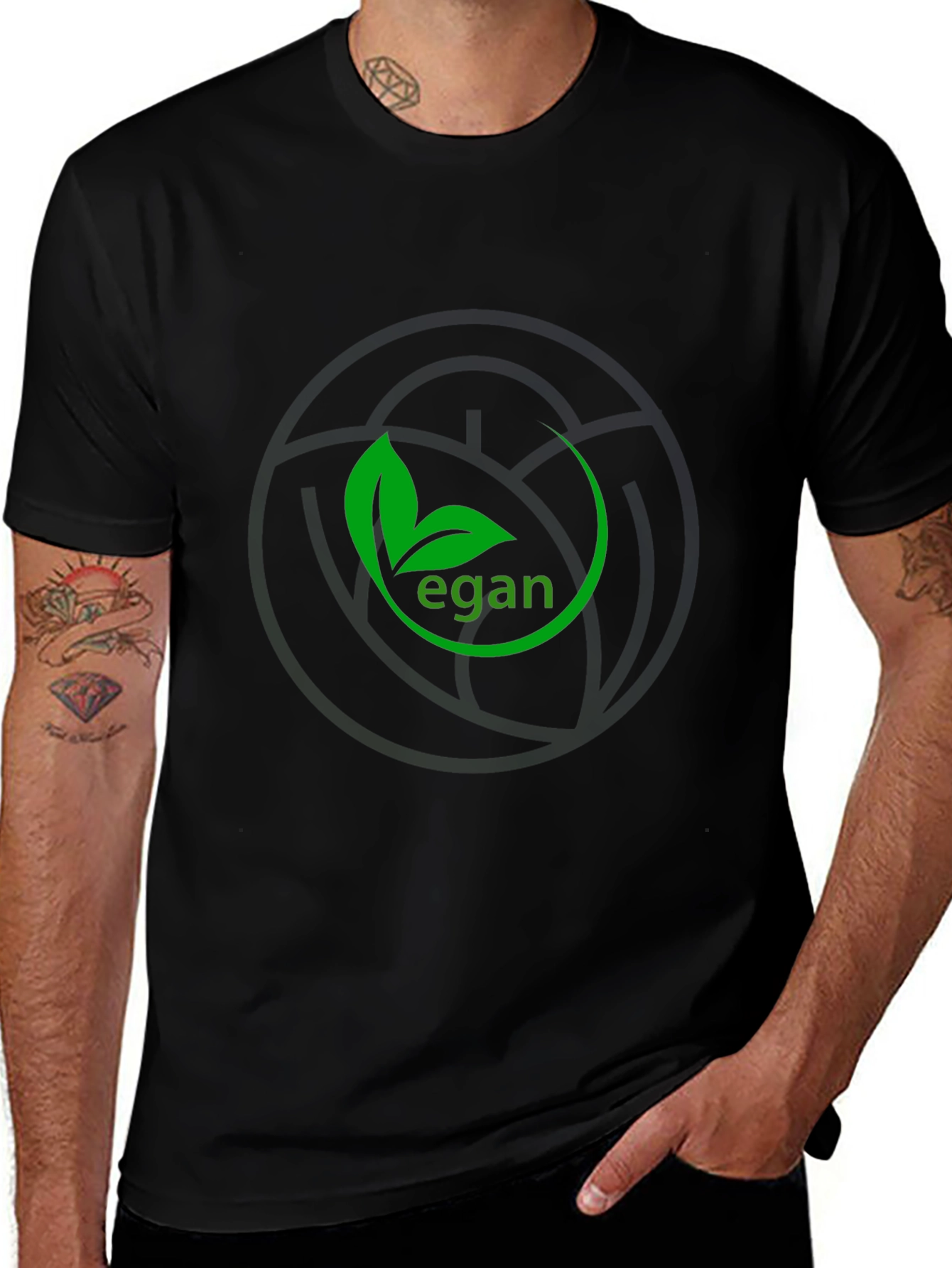 Variant 10 of Vegan T-Shirt - Black Cotton Tee with Green Leaf Design