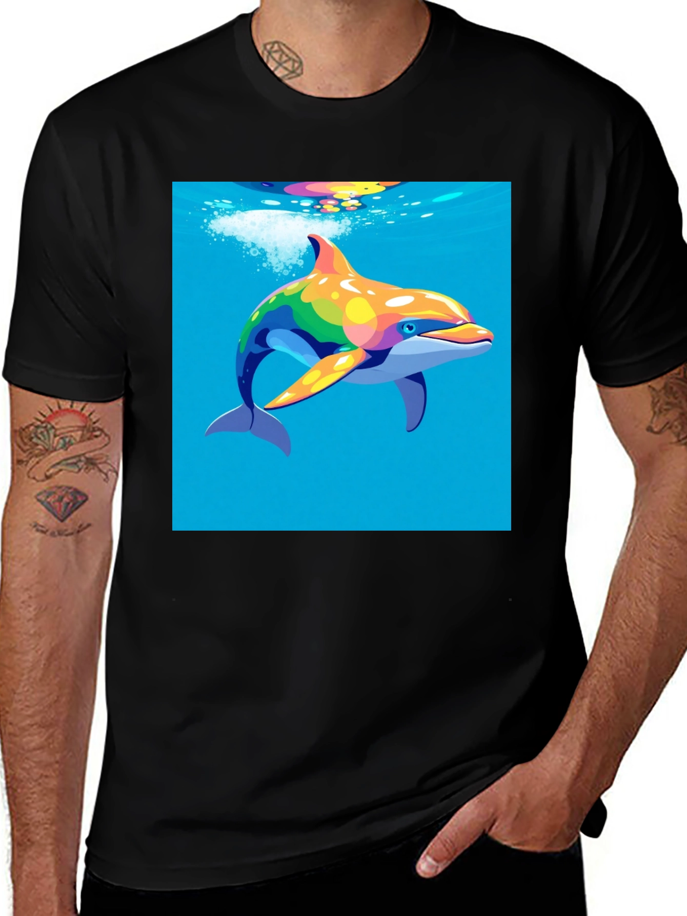 Variant 12 of Rainbow Dolphin T-Shirt - Men's Black Tee