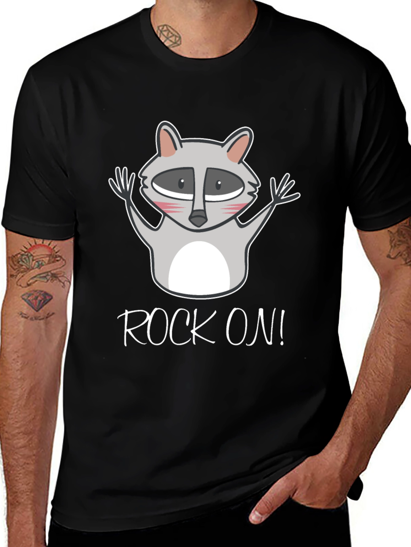 Variant 11 of Rock On Raccoon Graphic Tee - Black Cotton T-Shirt