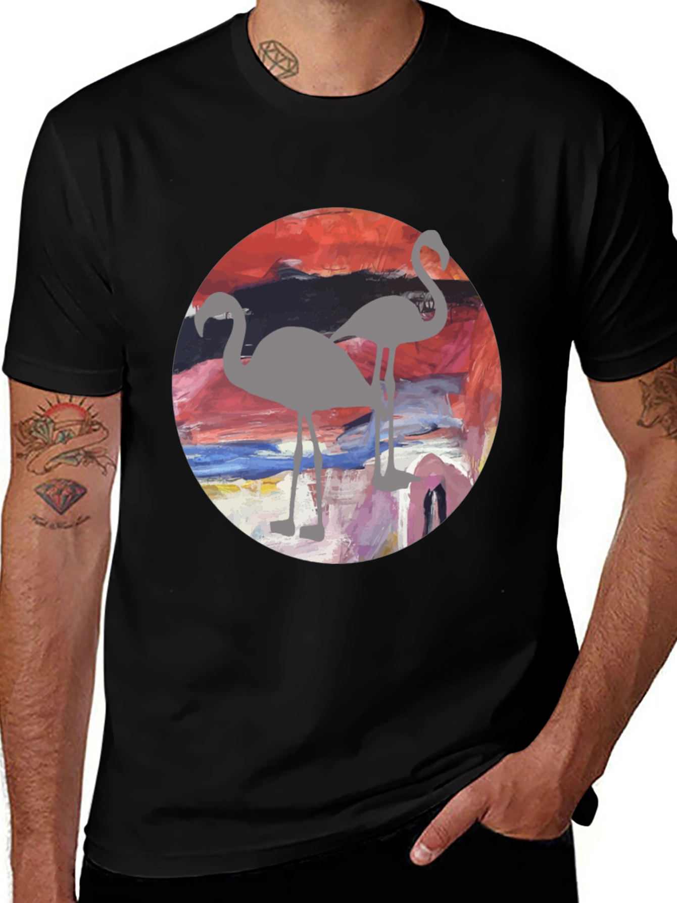 Black Flamingo Sunset Graphic Tee - Stylish Men's T-Shirt main image
