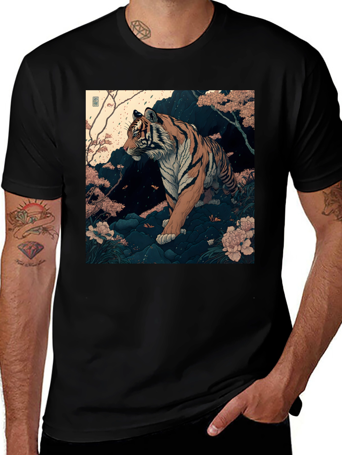 Variant 11 of Tiger Art Graphic Print Black Tee