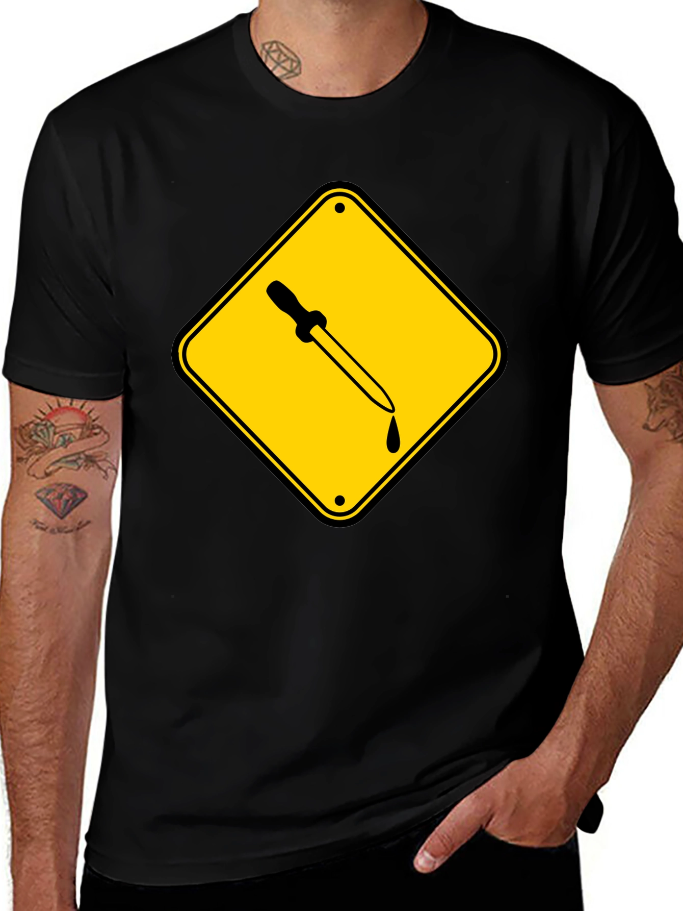 Black T-Shirt with Pipette Warning Sign Graphic