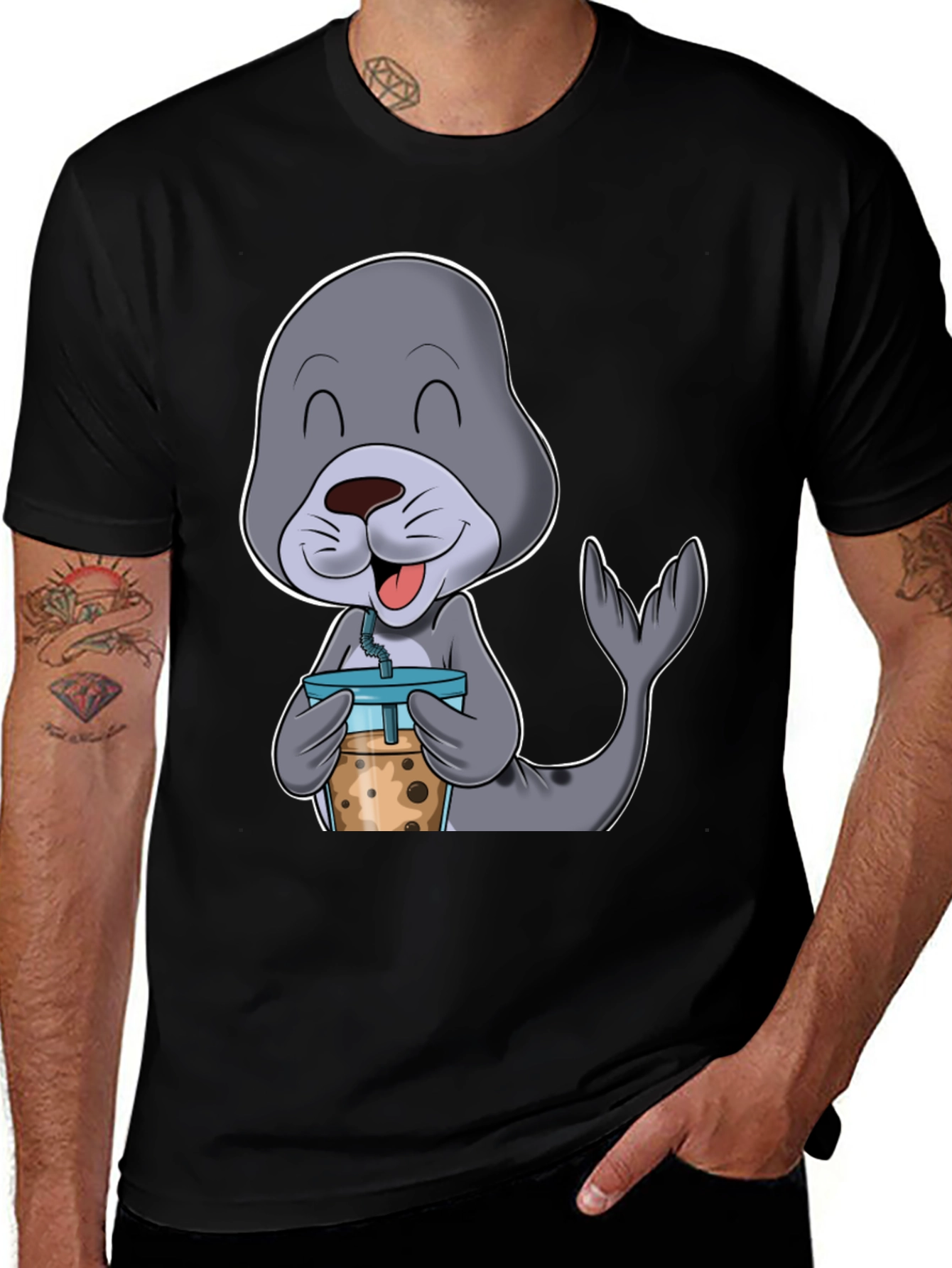 Variant 23 of Seal Boba Tea T-Shirt: Cute Cartoon Animal Shirt