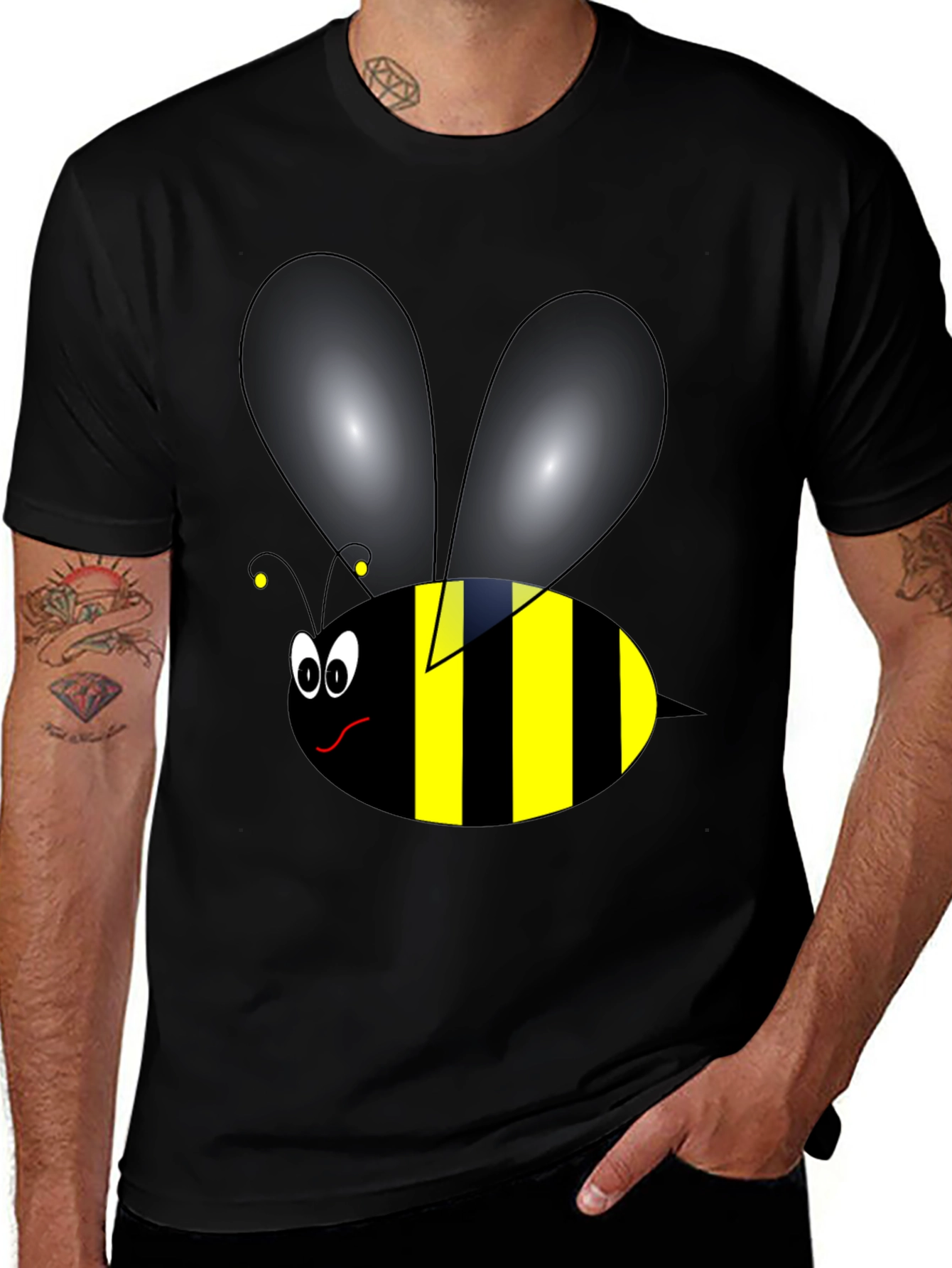 Variant 30 of Funny Cartoon Bee Graphic Tee - Black Cotton