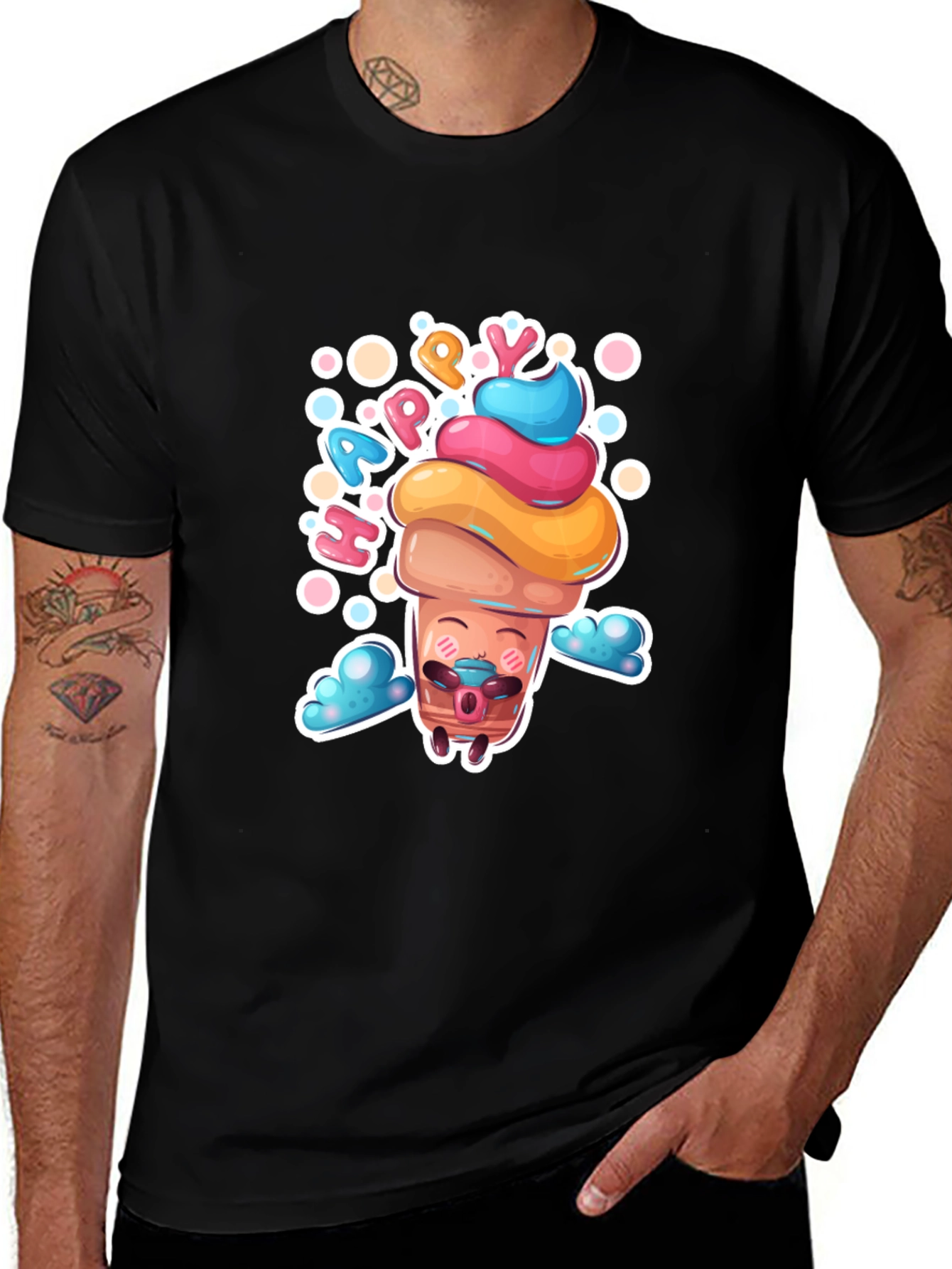 Variant 27 of Happy Ice Cream Cone Graphic Tee - Black