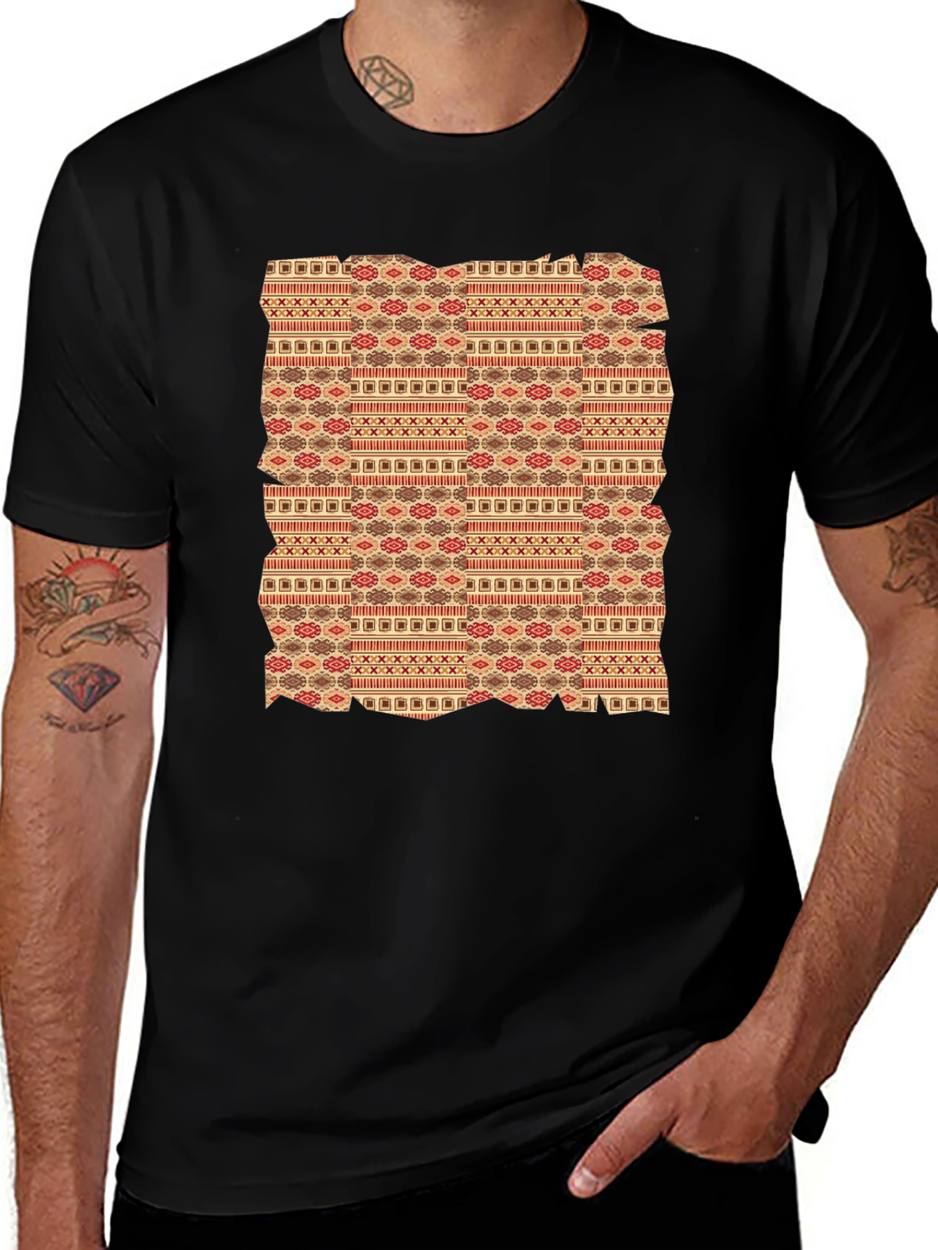 Variant 2 of Tribal Pattern Graphic Tee - Black Crew Neck