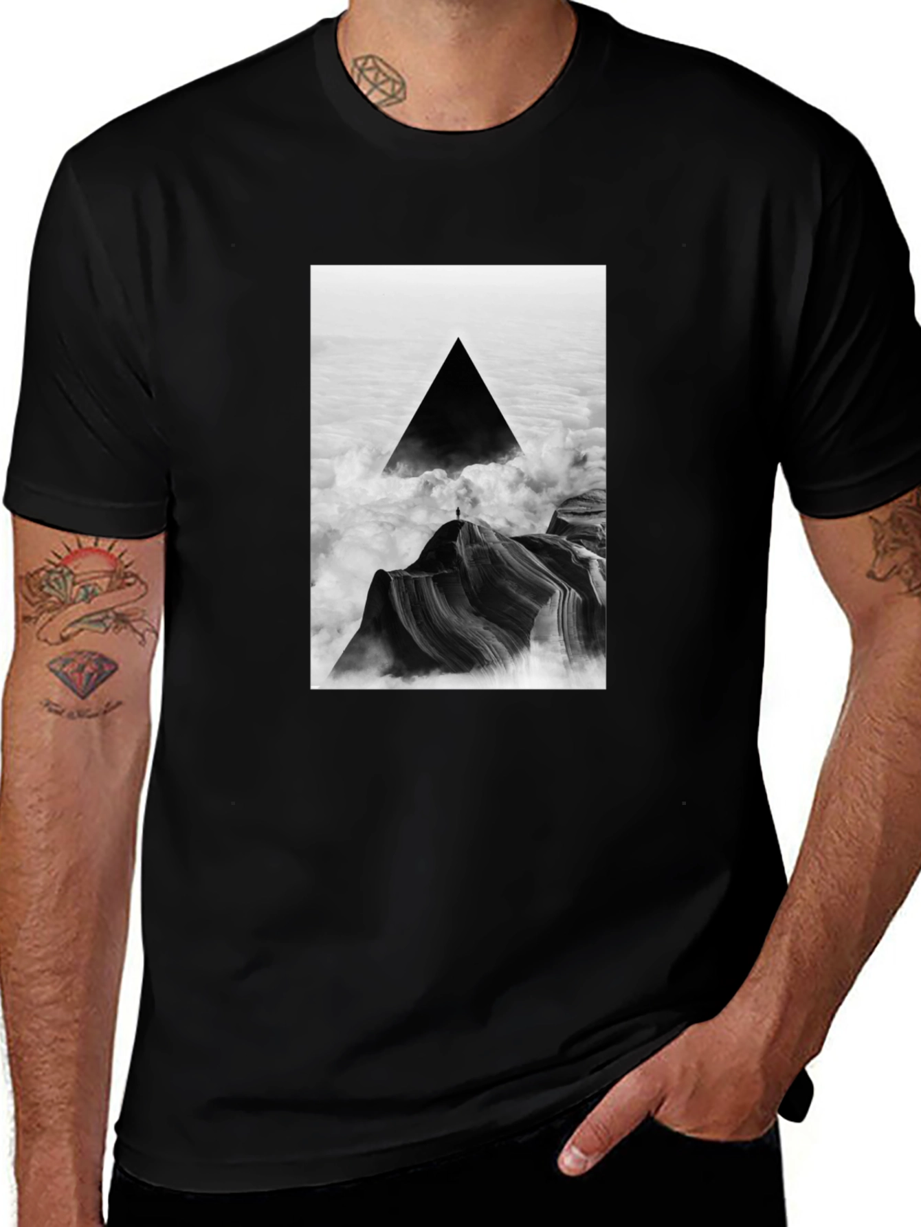Variant 2 of Black T-Shirt with Abstract Triangle Mountain Design