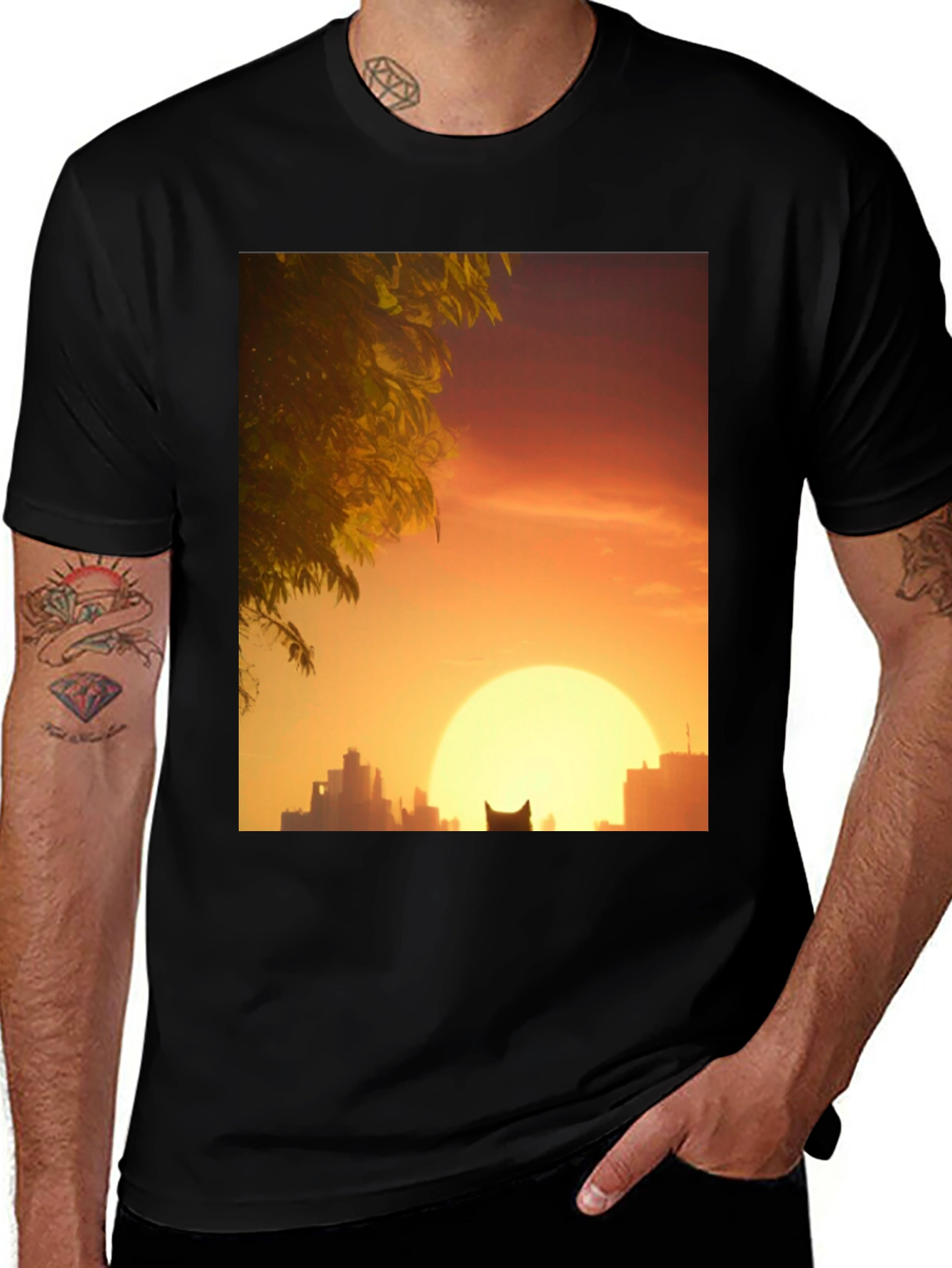 Variant 30 of Sunset City Cat Black T-Shirt