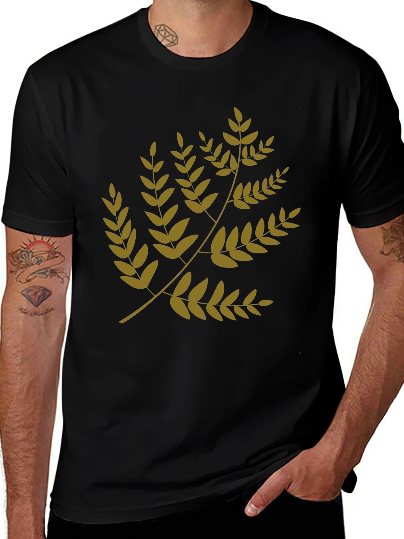 Variant 14 of Leaf Branch Print Black T-Shirt