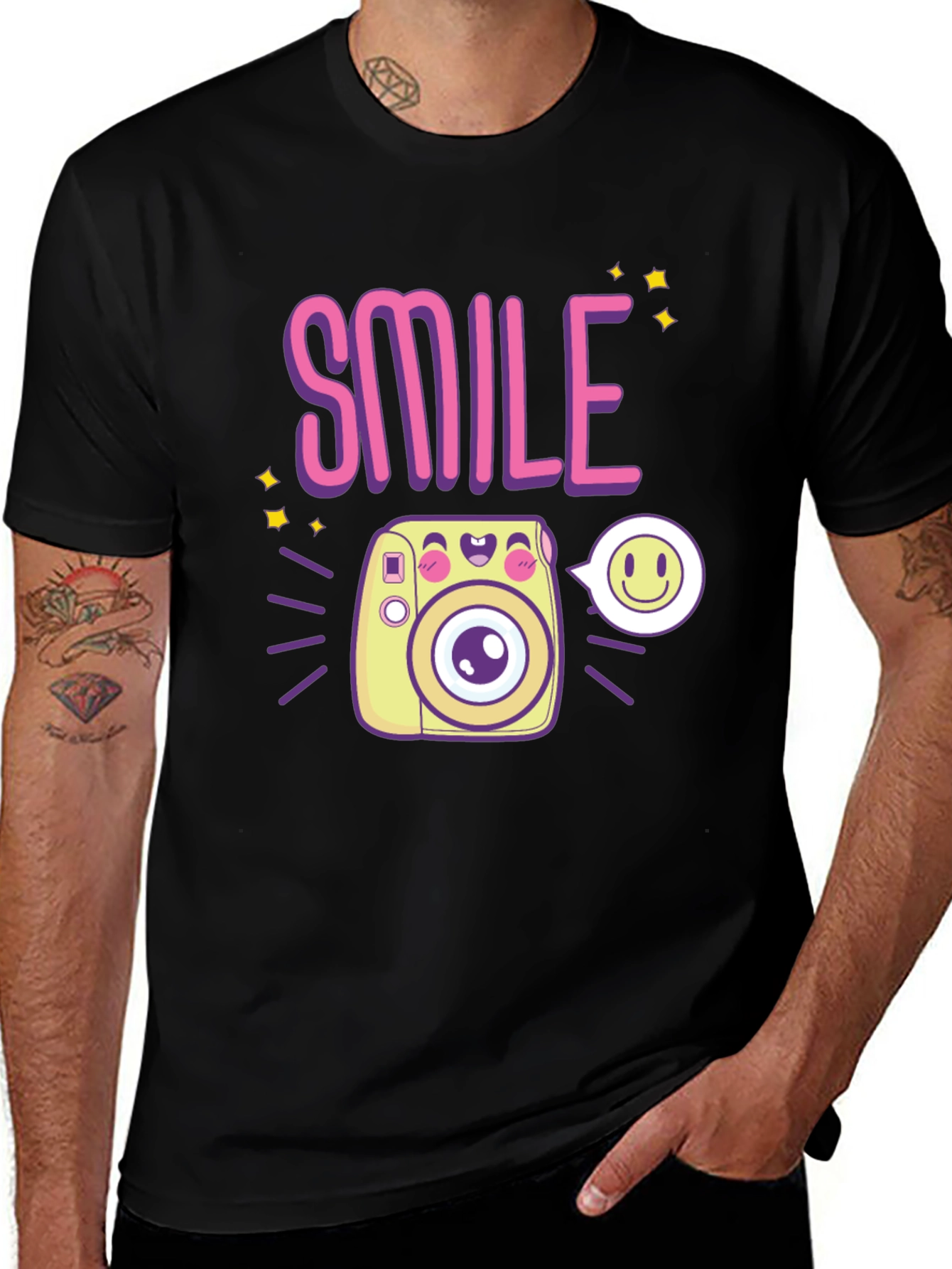 Smile Camera Graphic Tee - Trendy Casual Black T-Shirt