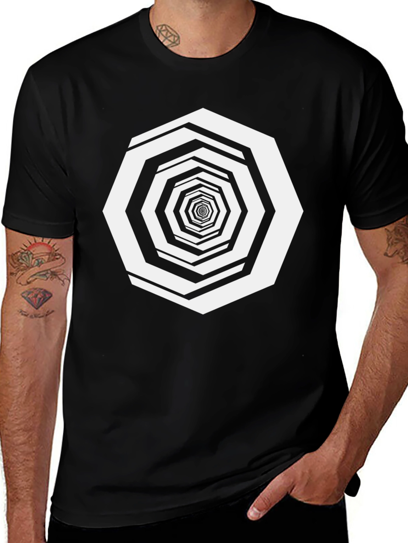 Variant 8 of Optical Illusion Hexagon T-Shirt - Black Cotton Tee
