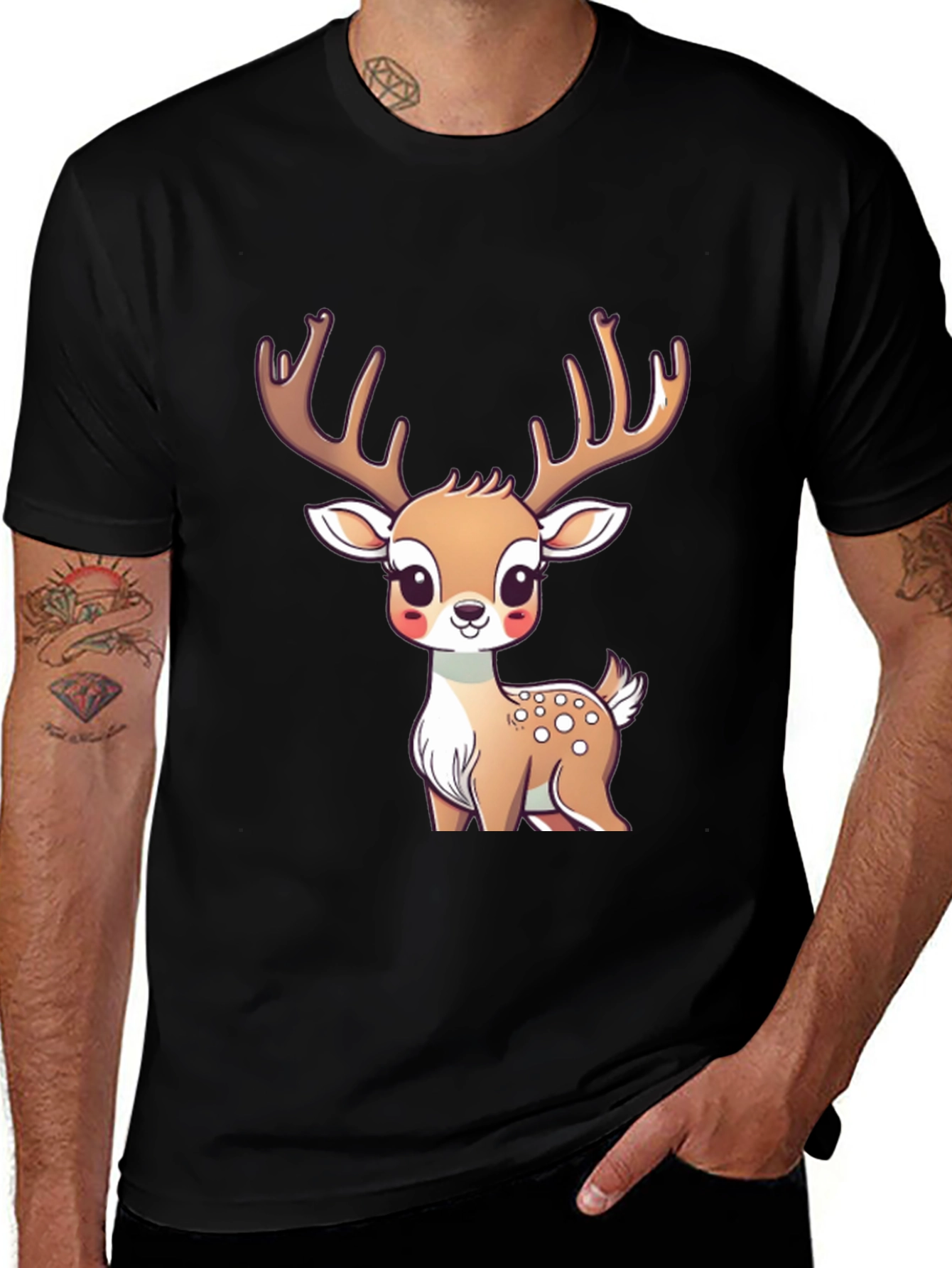 Variant 28 of Cute Cartoon Deer Graphic Tee - Black Cotton